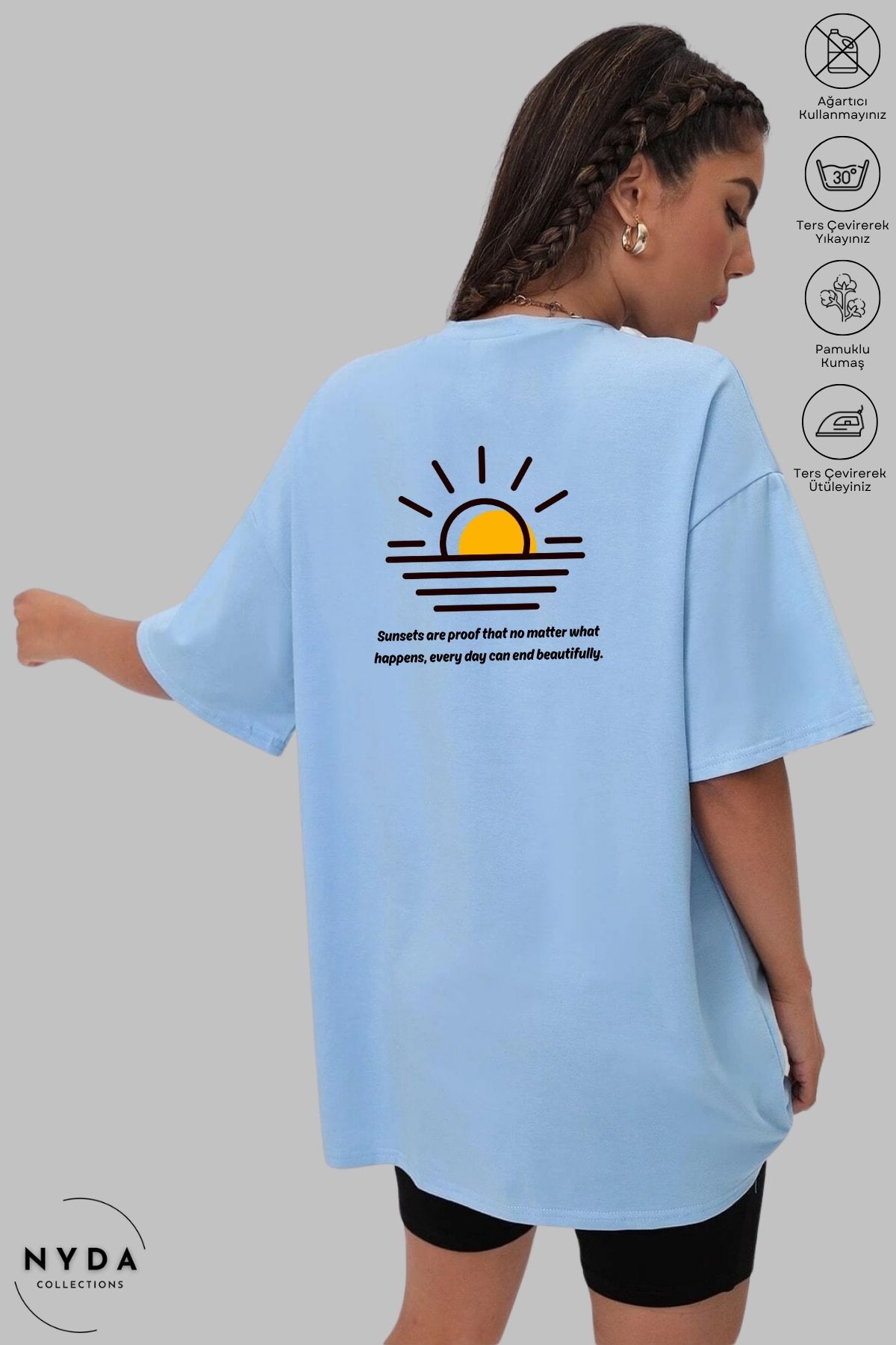 Nyda Collections Unisex Bisiklet Yaka Günbatımı Baskılı Pamuk Oversize Kısa Kollu Tişört