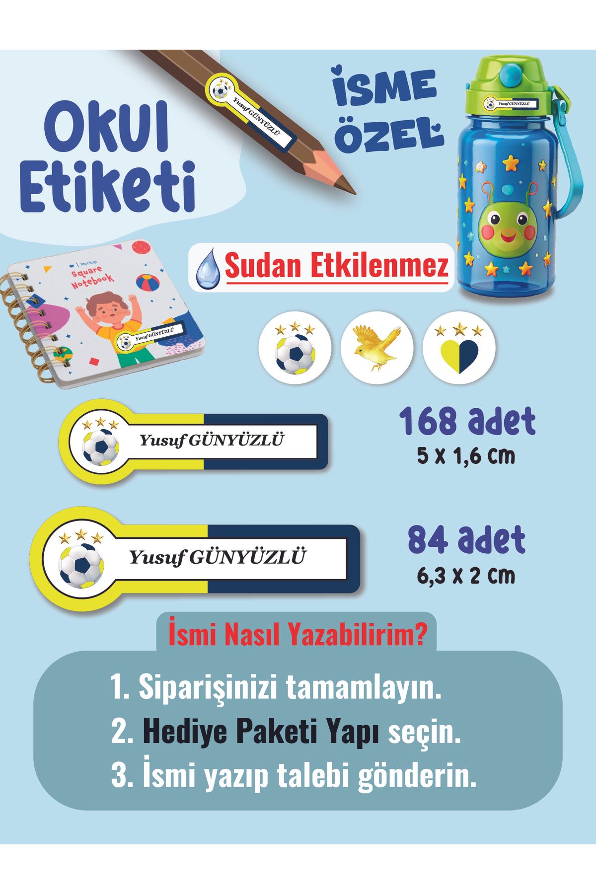 YUNUS COPY Okul Etiketi Kalem Defter Etiketi Sarı Lacivert Takım Temalı Özel İsim Yazılabilen Etiket - 252Adet
