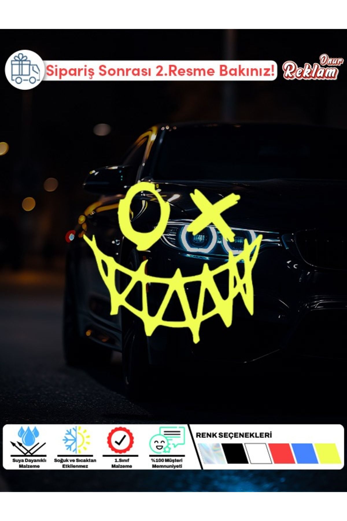 Onur Reklam Holografik Çarpı Gözlü Gülüş Sticker – Suya Dayanıklı Korku Temalı Araba Stickerı