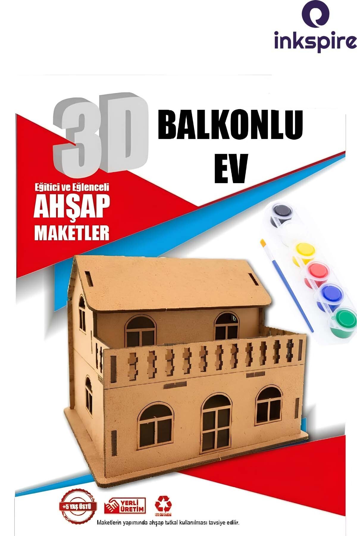 inkspire 3D Ahşap Maket 3 Boyutlu Boyanabilir Geçmeli Puzzle Maket 6Lı Akrilik Boya Fırça Kendin Yap Boya Set