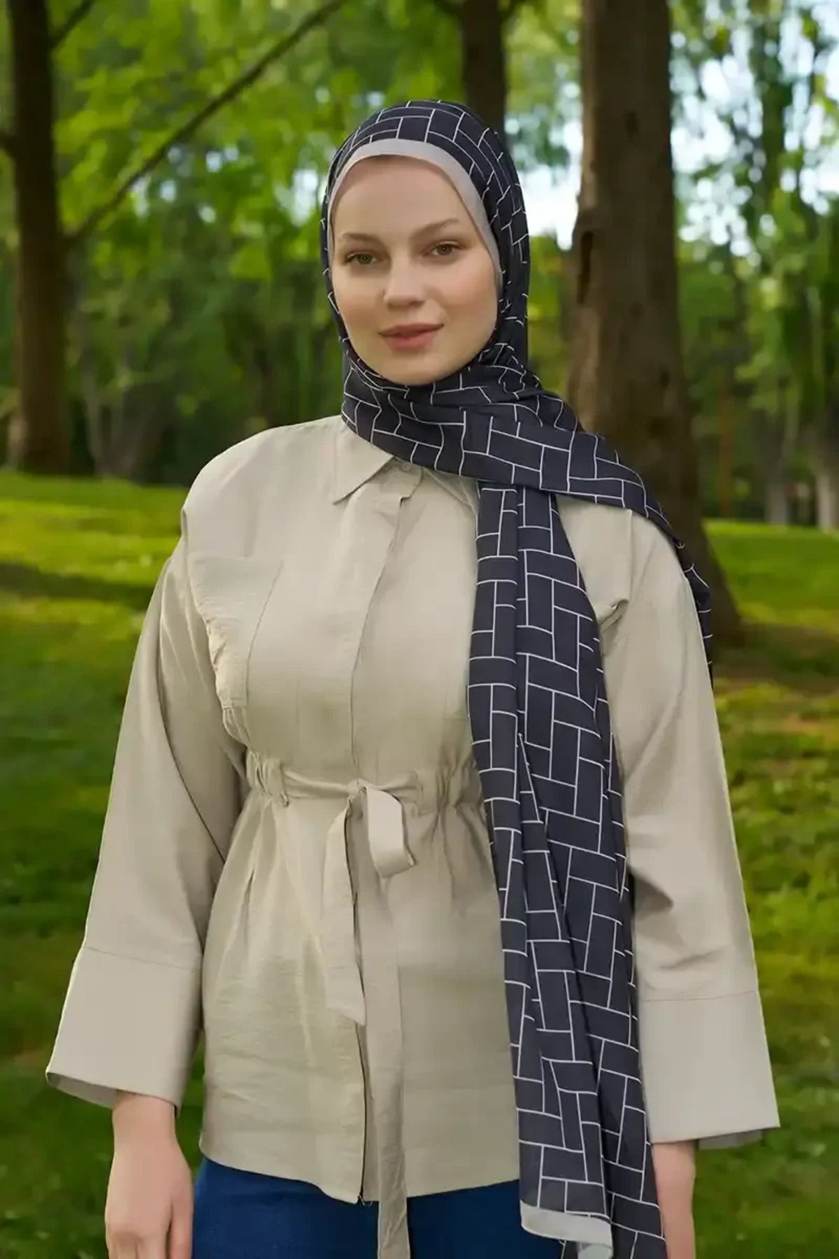 Madame Polo Hyper Geometrik Desen Şal - Bej