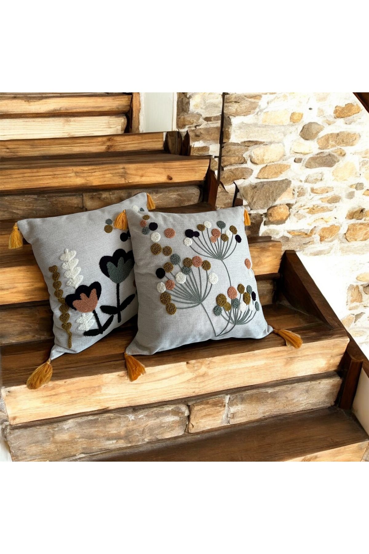 Havenleaf 2 li Punch işlemeli Keten, Pamuk 43 x 43 Kırlent Kılıfı