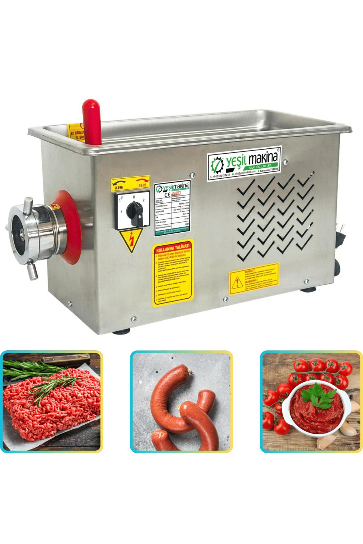 YEŞİL Yeşil YKM12 220v 0,55kW 12 No Et Kıyma Makinası Geri Çekmeli Sucuk Aparatlı 100kg/saat