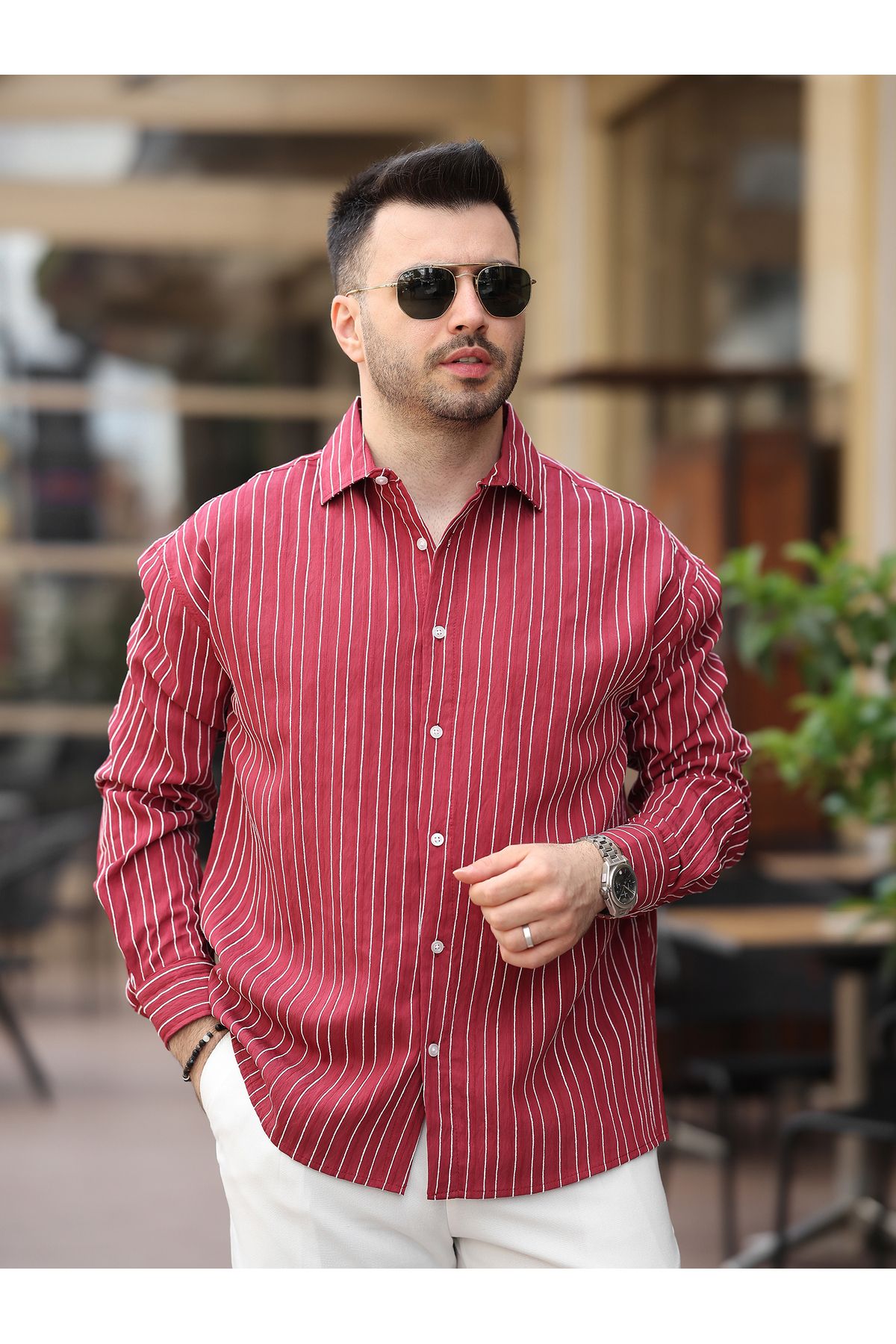 BASEL.CO Yeni Sezon Eşref Tek Hafif Oversize Uzun Kollu Likralı Ütü İstemez Trend Çizgili Gömlek