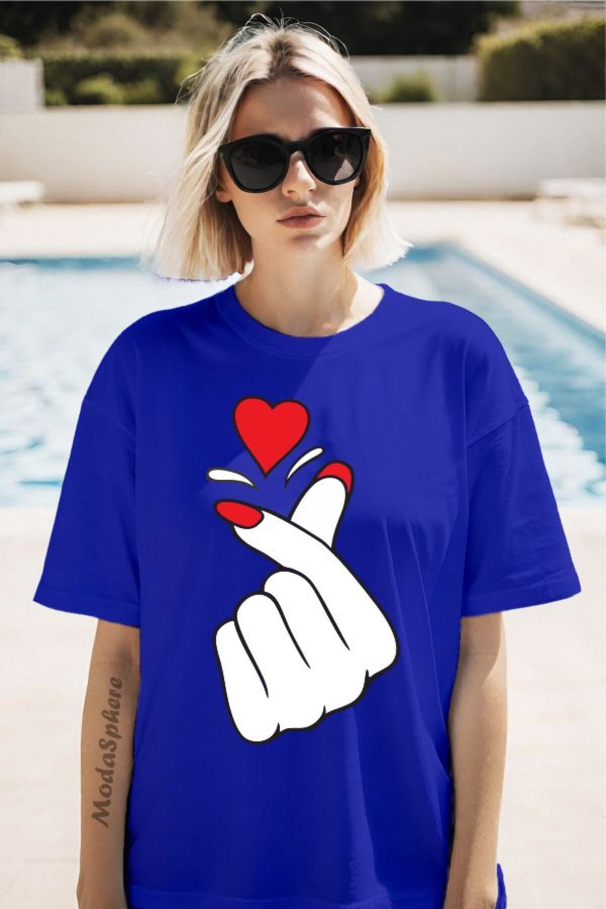ModaSphere Parmak Kalp Baskılı Unisex Oversize Tişört