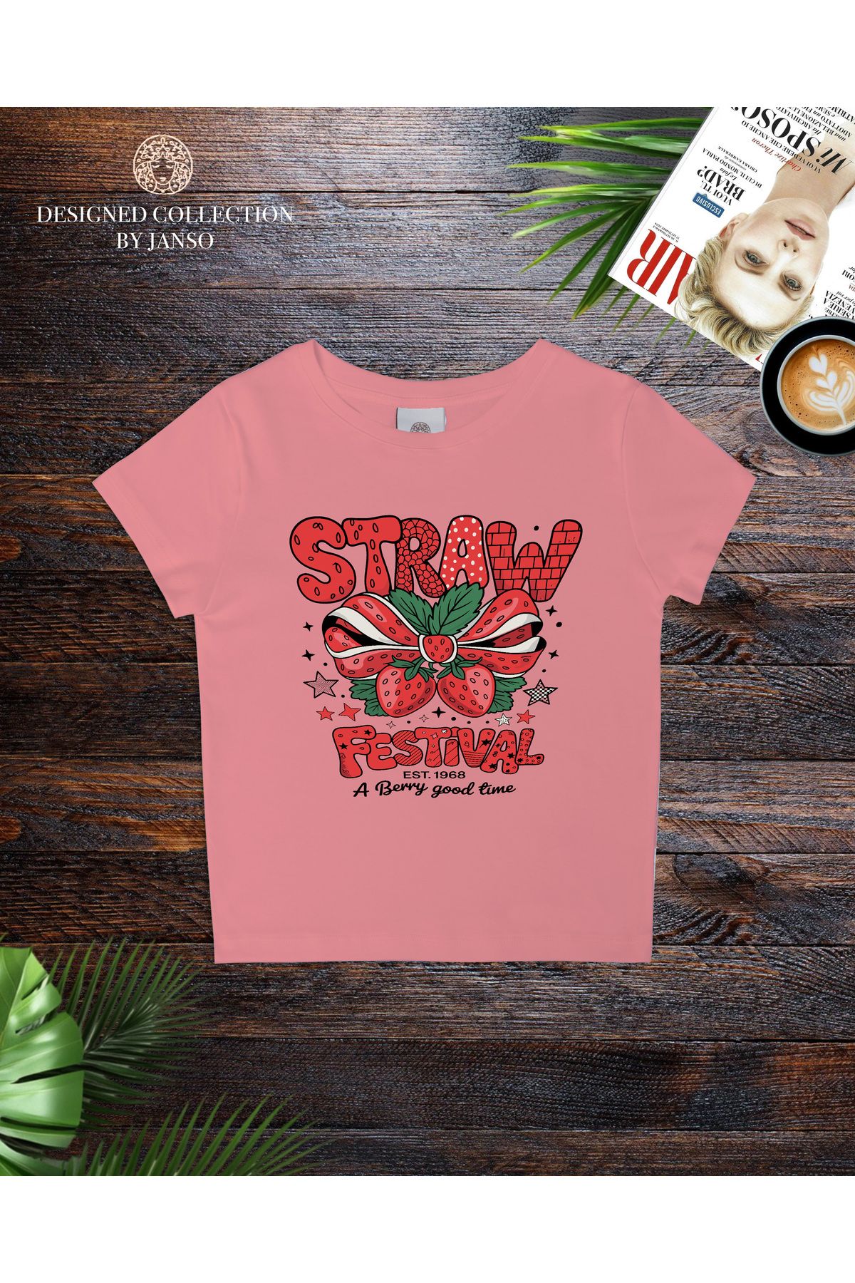 JANSO GROUP - KADIN KISA KOLLU CROP TSHIRT BASKILI STRAW FESTIVAL PAMUKLU PENYE KUMAŞ