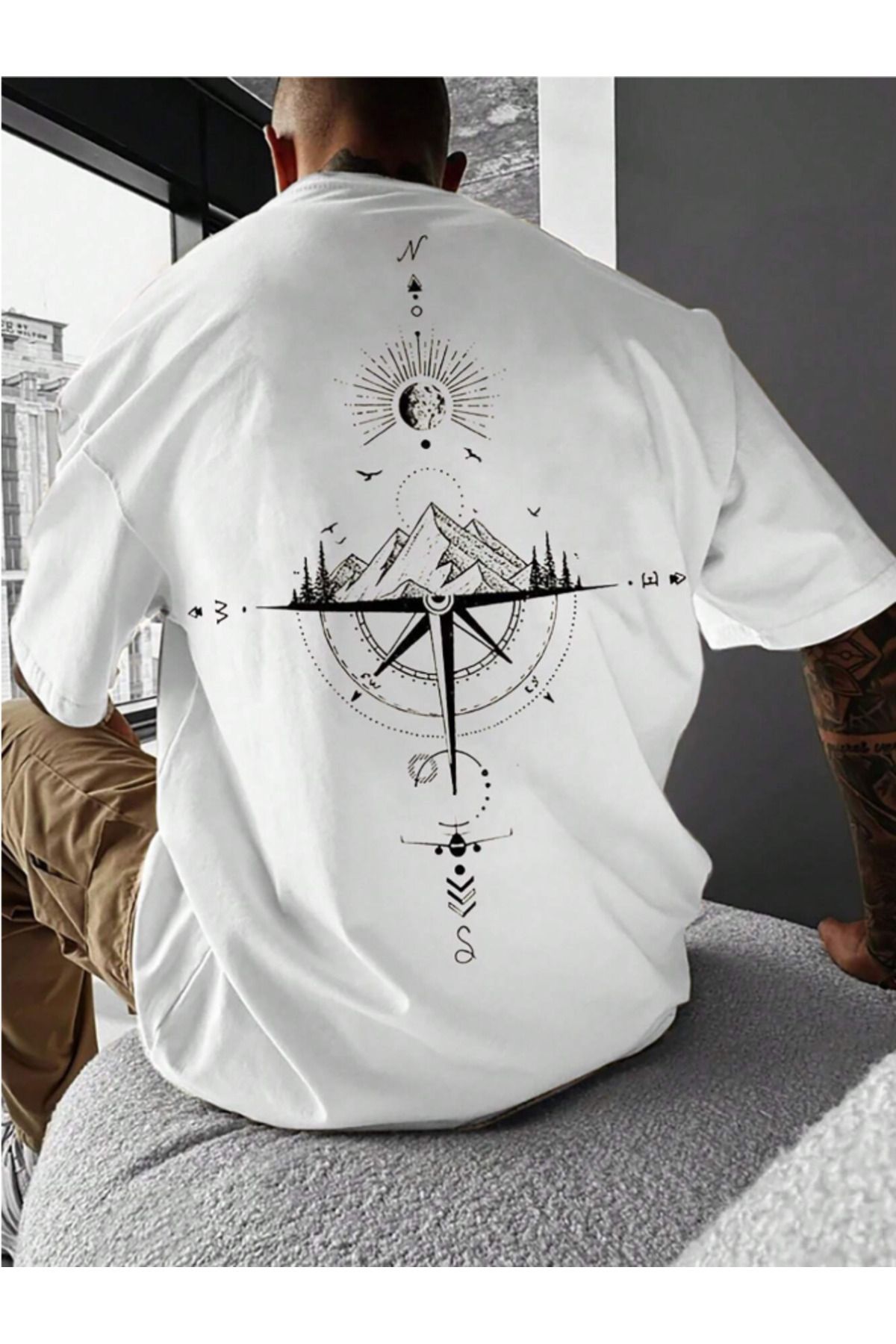 COHERENT Unisex Erkek/Kadın PUSULA Özel Baskılı Oversize Pamuklu T-Shirt