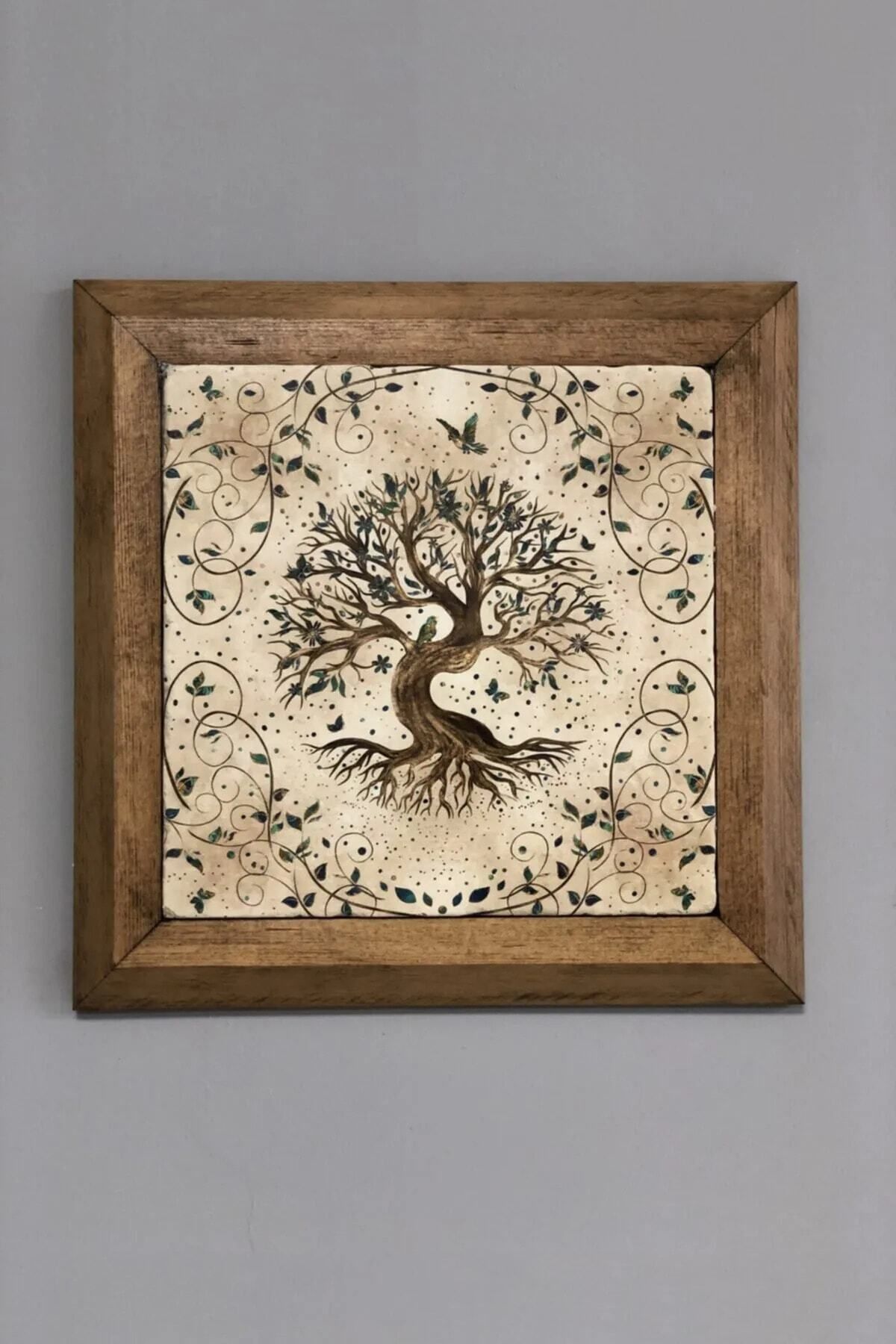 Elioure Doğal Taş Hayat Ağacı Tablo 28x28 cm Masif Çerçeveyle, Şık ve Zarif Dekorasyon Parçası