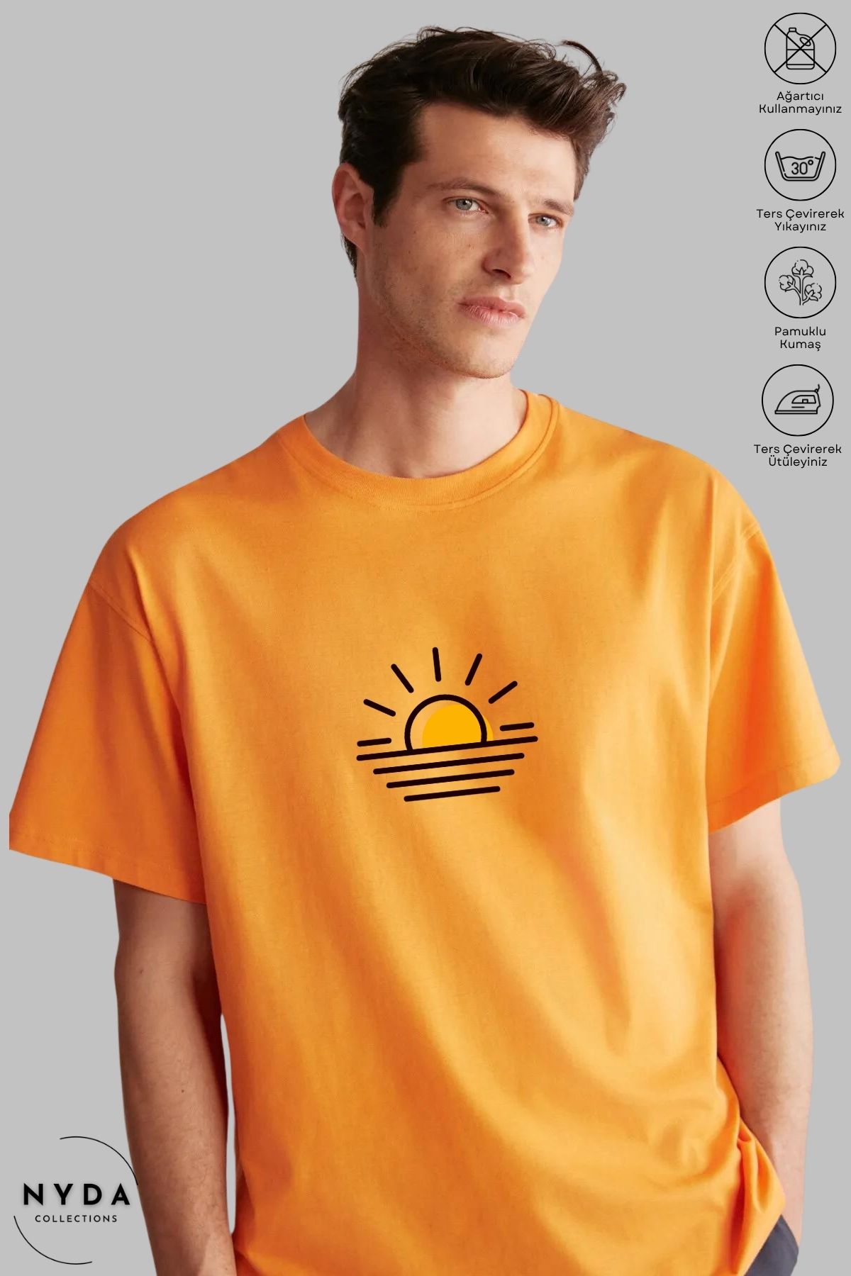 Nyda Collections Unisex Bisiklet Yaka Günbatımı Baskılı Pamuk Oversize Kısa Kollu Tişört