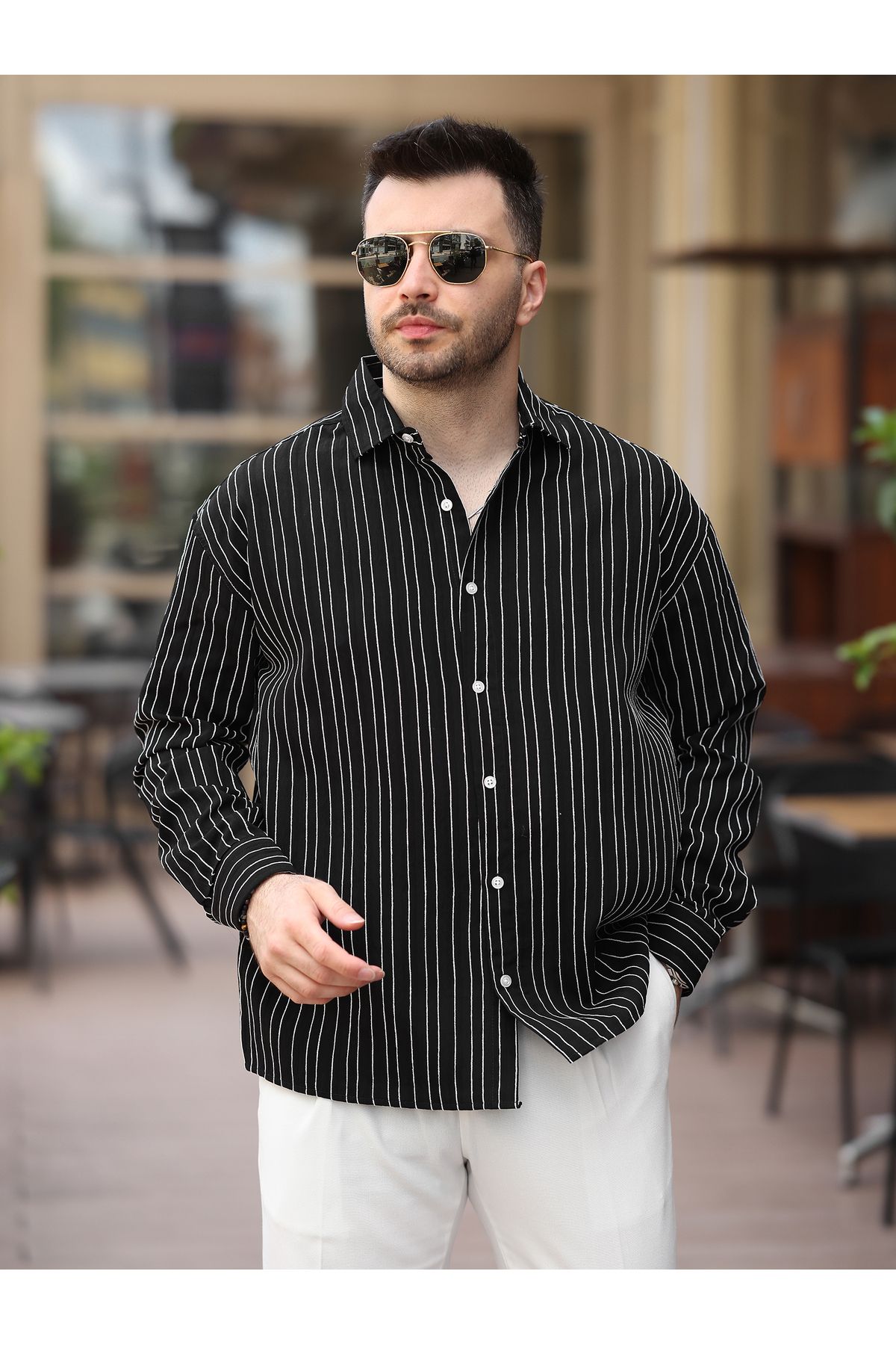 BASEL.CO Yeni Sezon Eşref Tek Hafif Oversize Uzun Kollu Likralı Ütü İstemez Trend Çizgili Gömlek