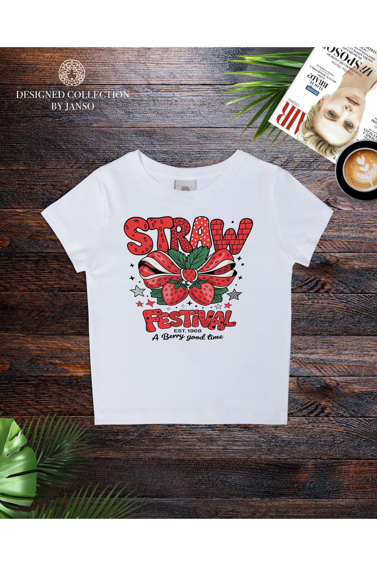 JANSO GROUP - KADIN KISA KOLLU CROP TSHIRT BASKILI STRAW FESTIVAL PAMUKLU PENYE KUMAŞ