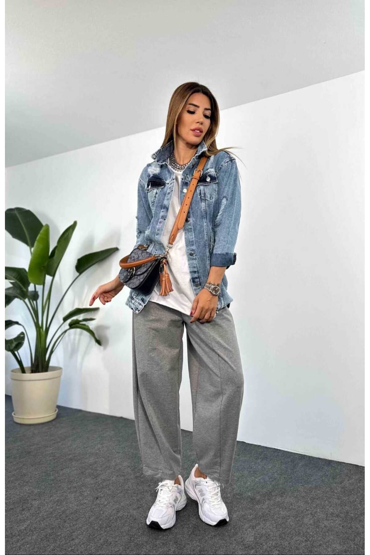 QİMYA BUTİK SAGİ JEANS Kadın Yırtık Detaylı Basen Boy Klasik Uzun Kot CEKET