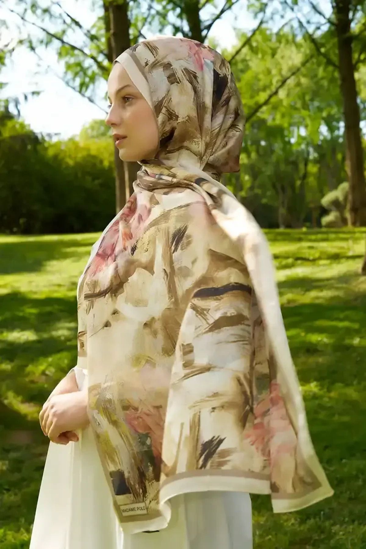 Madame Polo Crystal Flower Desen Şal - Yağ Yeşili