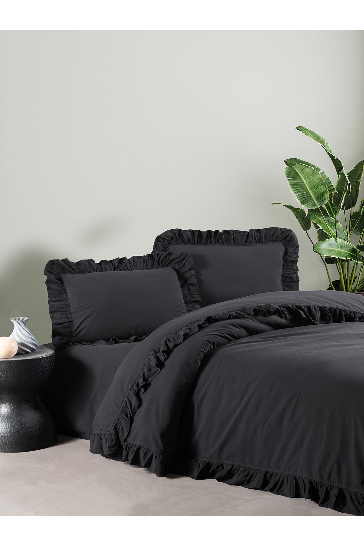 BED LİNE Exclusıve Stonewashed Çift Kişilik Koyu Gri Nevresim Takımı Kutulu