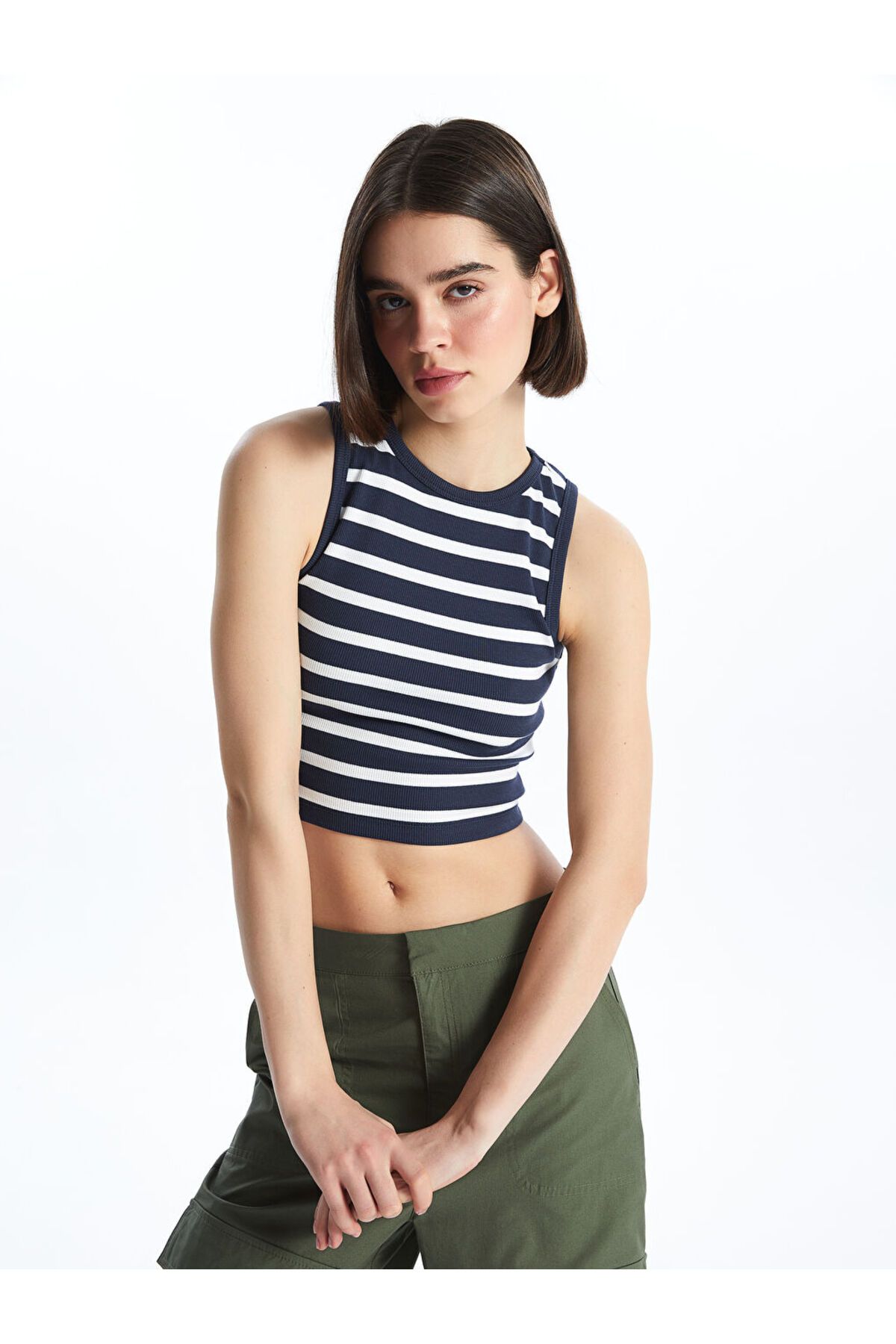LC Waikiki LCW Bisiklet Yaka Çizgili Kadın Crop