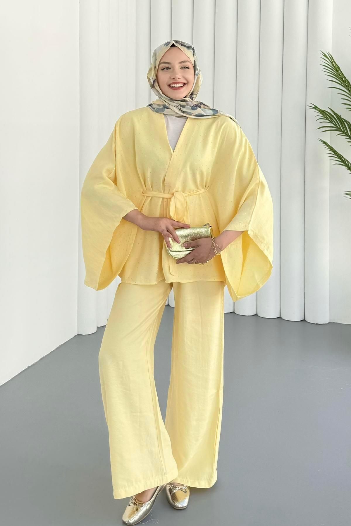 Modaensarbutik Yarasa Kol Taş Serpmeli Kimono Tesettür Takım-SARI