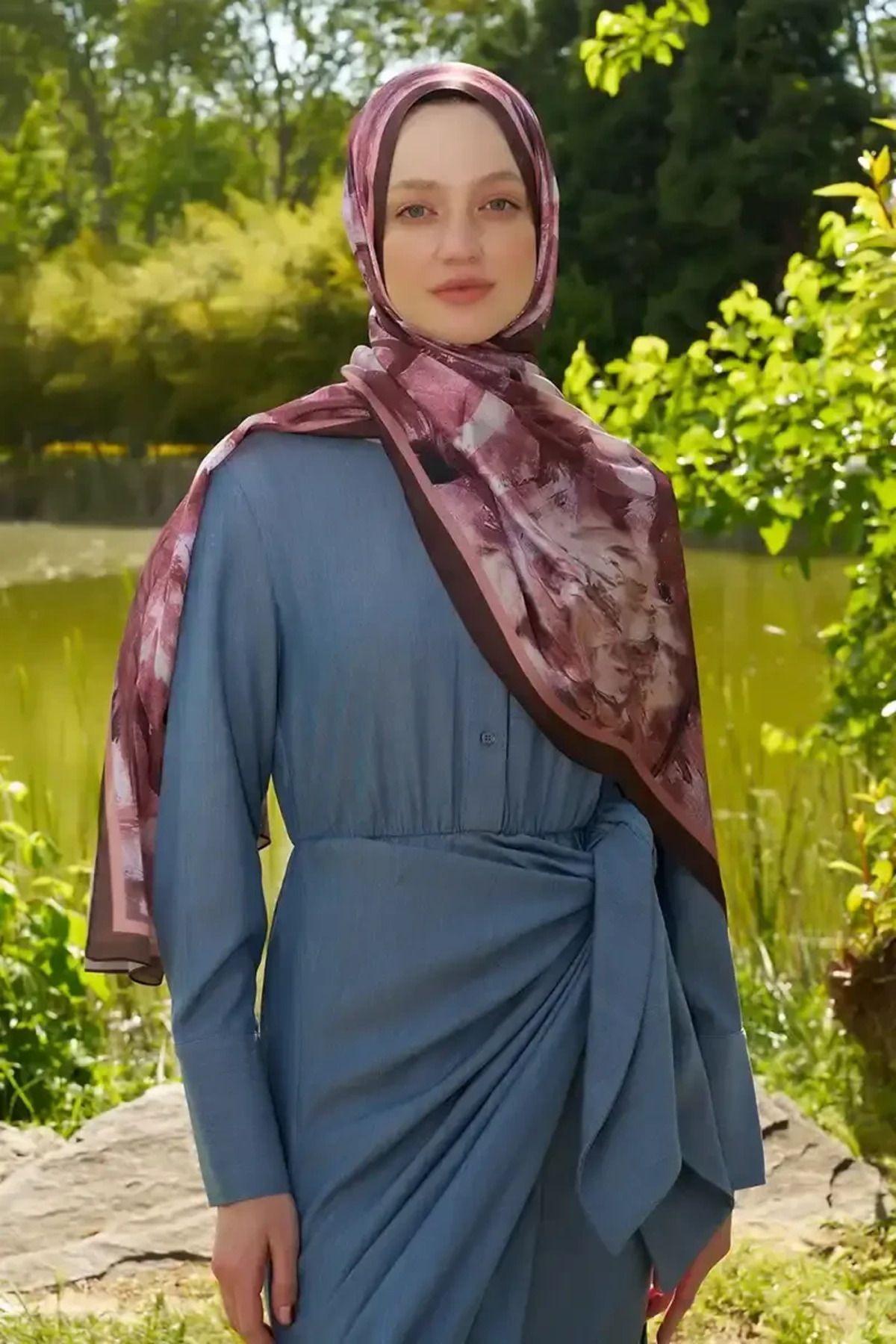 Madame Polo Crystal Flower Desen Şal - Kızıl Kahve