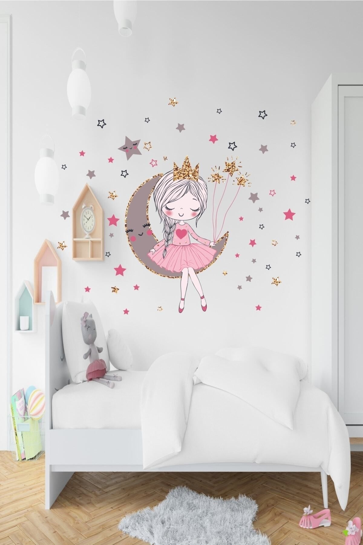 Elioure Beyaz Ayda Oturan Kız Çocuk Bebek Odası Duvar Sticker Aksesuarları