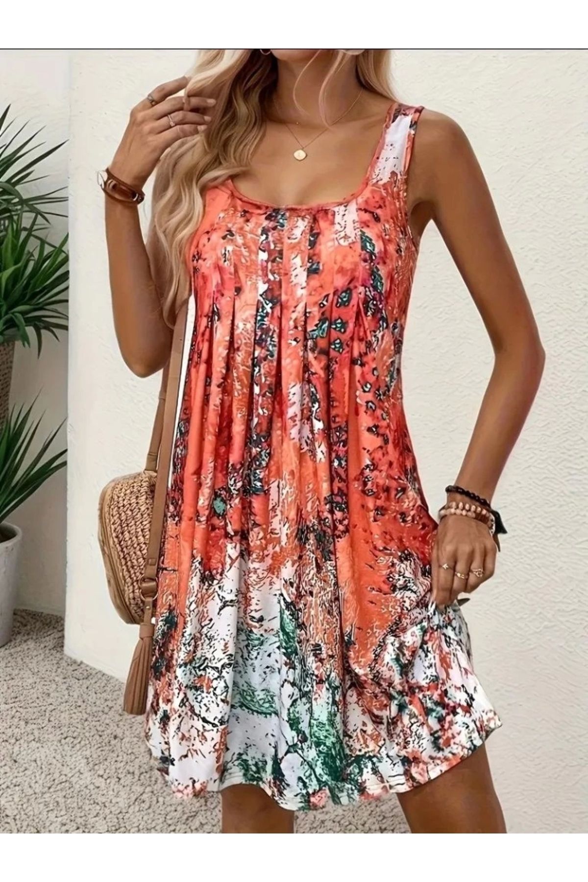 Butik Kadın Sıfır Kollu Kare Yaka önden Pileli Salaş Süprem Elbise