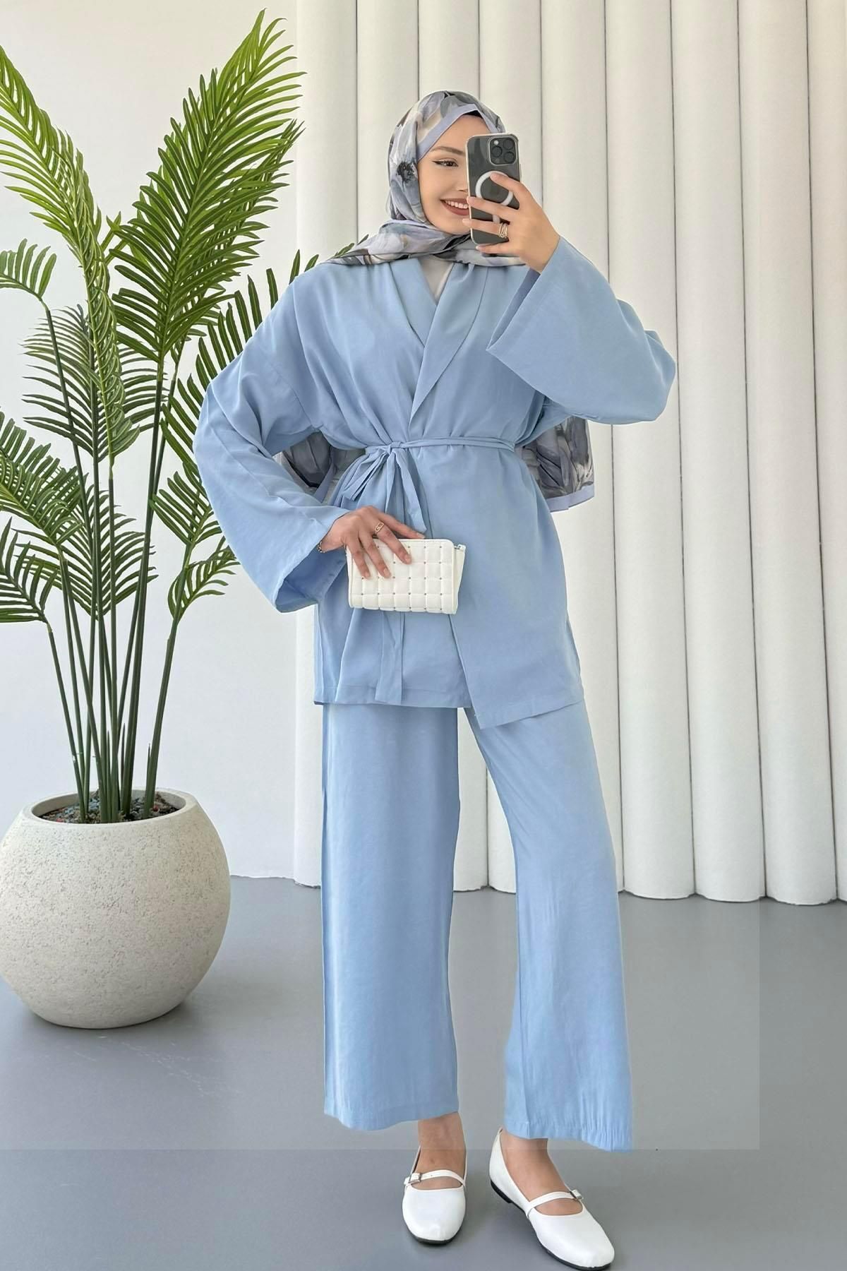 Modaensarbutik Seyyar Kuşaklı Kimono Pantolonlu Tesettür Takım-BEBE MAVİ