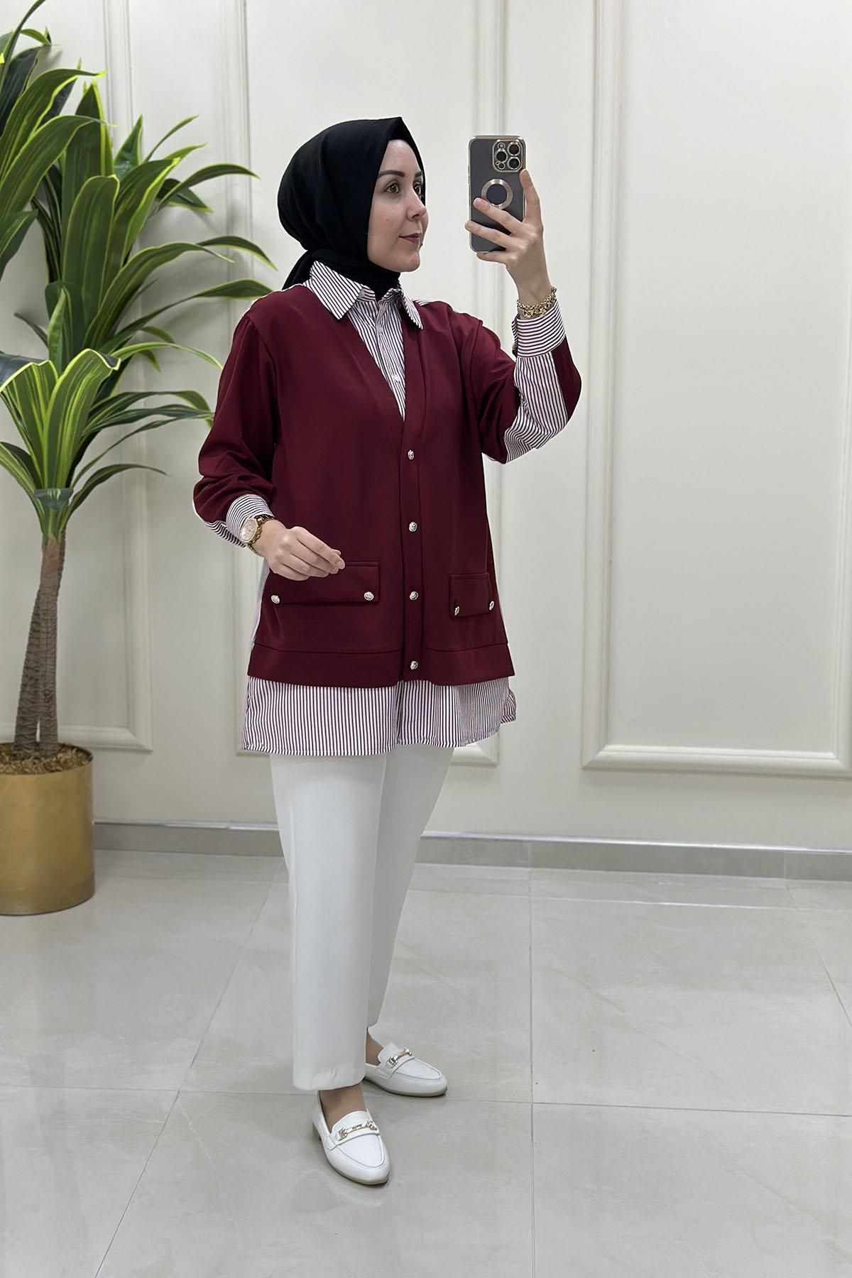 Miss Önü Hırka Görünümlü Gömlek Kombinli Kadın Tunik Bordo MSE 3248