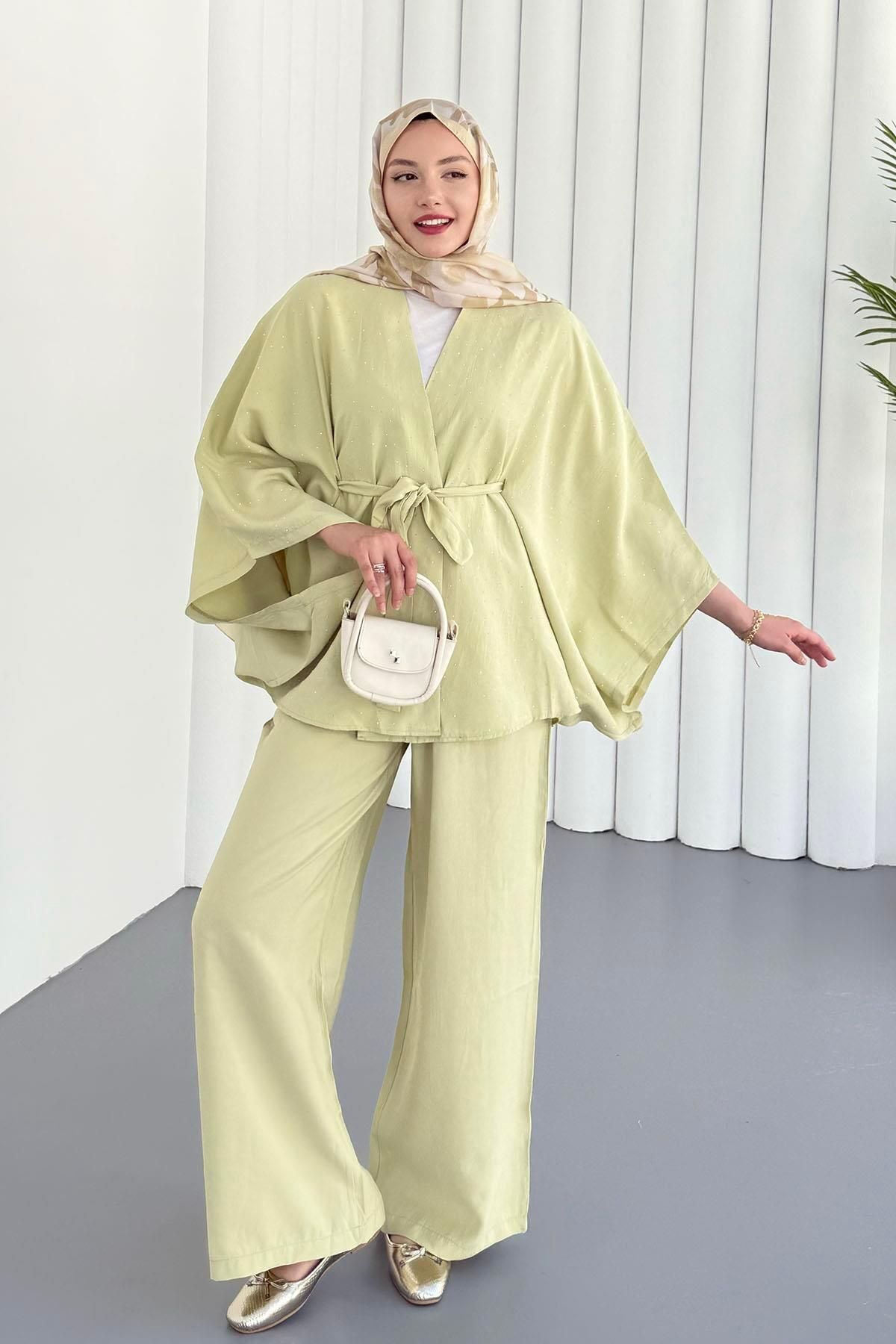 Modaensarbutik Yarasa Kol Taş Serpmeli Kimono Tesettür Takım-YEŞİL