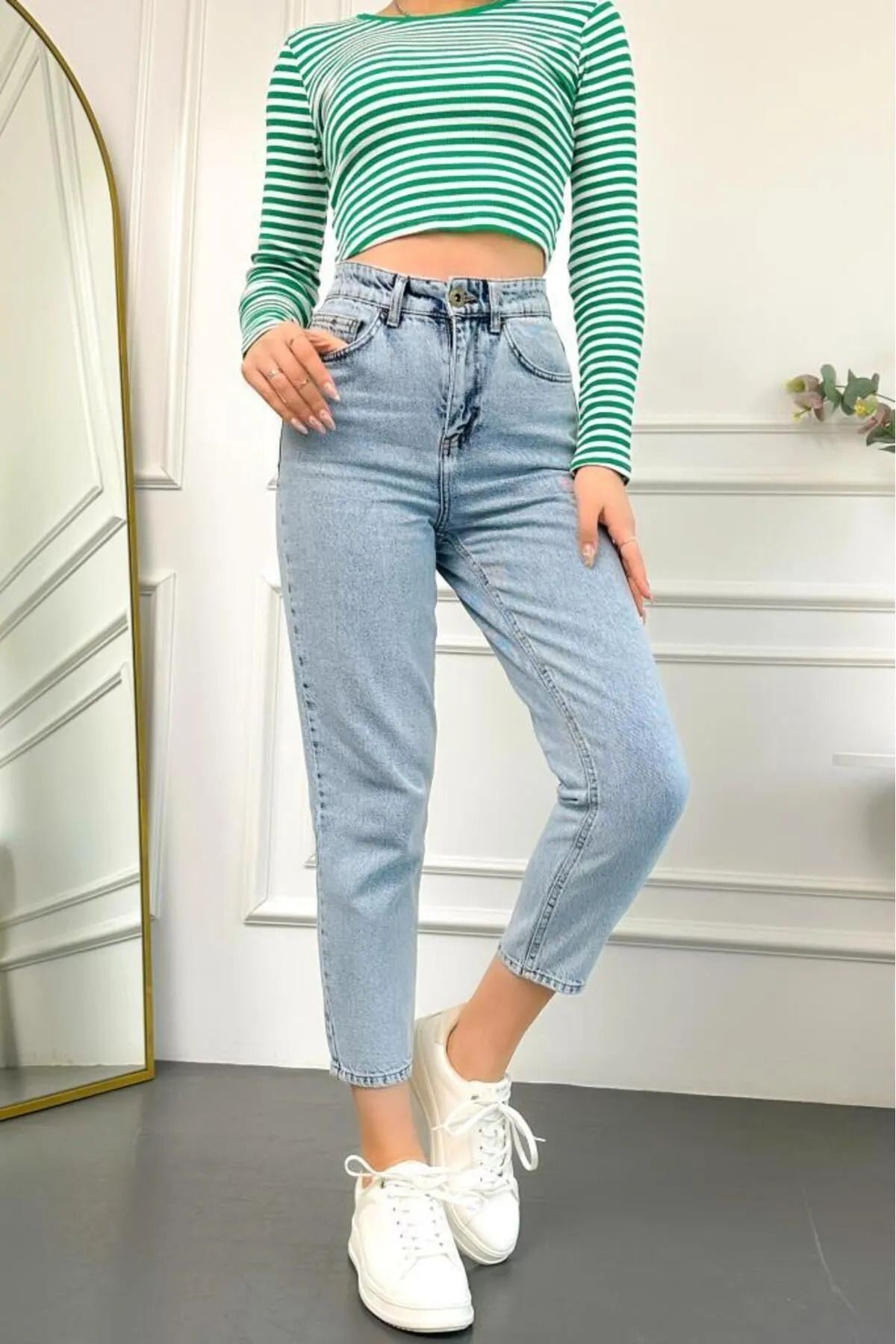 JILLY Monta Açık Buz Mavi Mom Jean Denim Jeans Kadın Boyfriend Yüksek Bel Likralı Kot Pantolon
