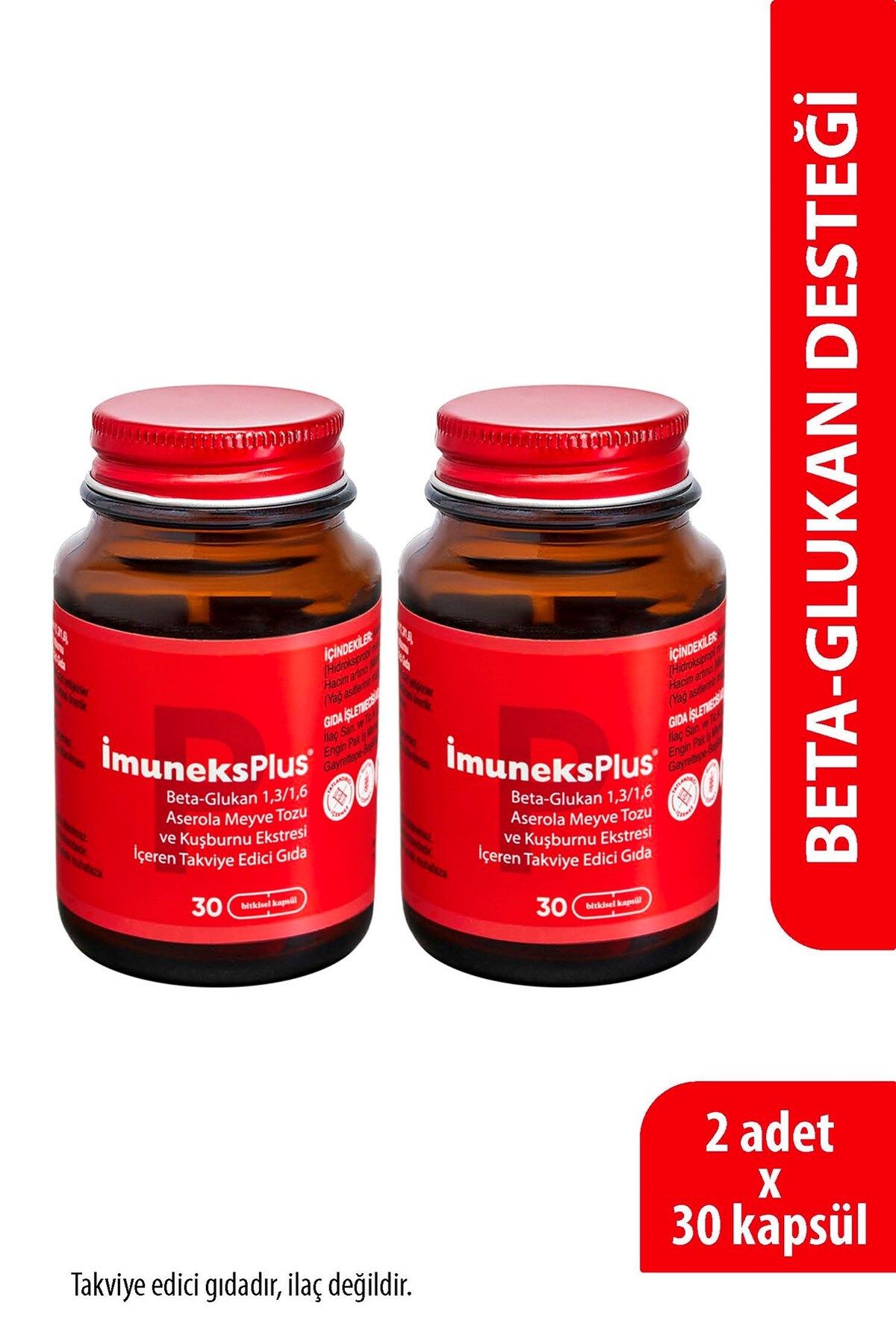 Imuneks Farma Plus Beta Glukan (1,3/1,6) Aserola Meyve Tozu,Kuşburnu Ekstresi Takviye Edici Gıda 30 Kapsül x 2 Ad