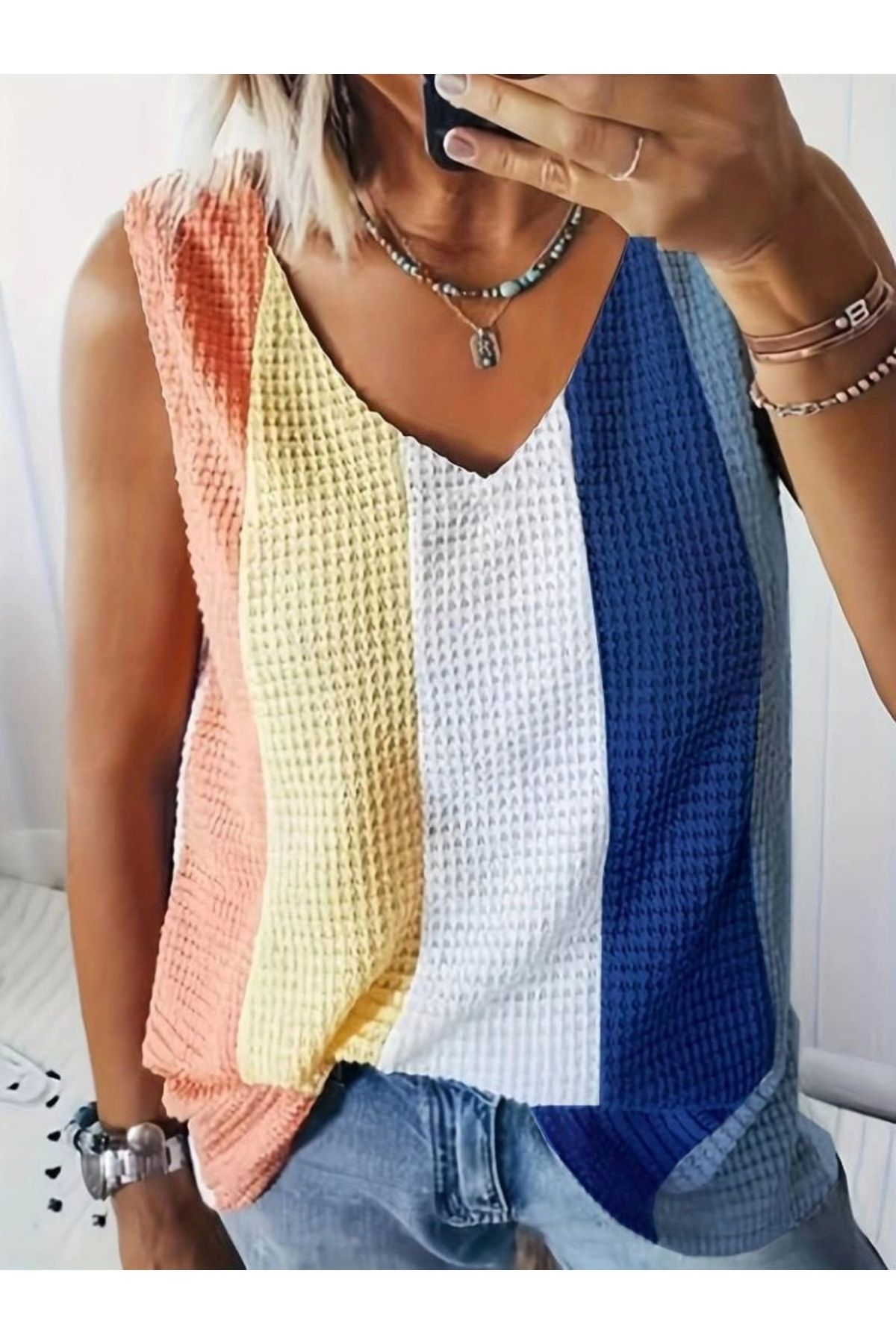 Butik Kadın Askılı V Yakalı çok Renkli Triko Bluz