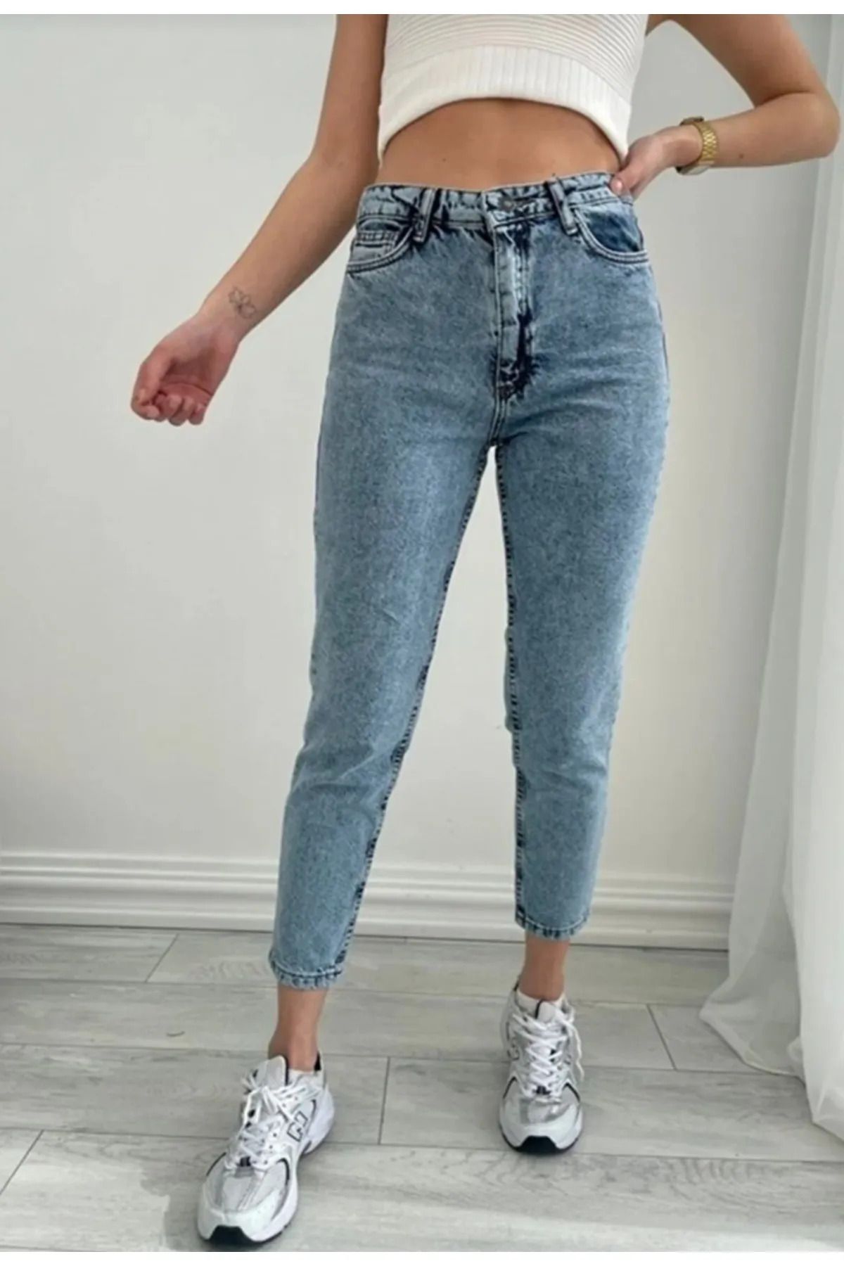 JILLY Monta Kar Mavi Yıkama Mom Jean Jeans Kadın Boyfriend Yüksek Bel Likralı Kot Pantolon