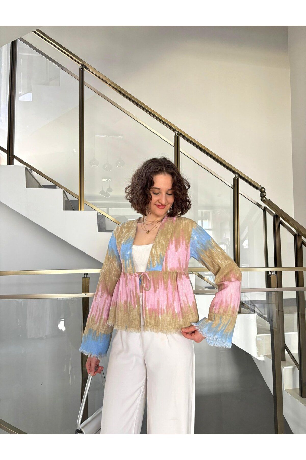 Sude Kızanlıklı Bağlama Detaylı Müslin Kimono
