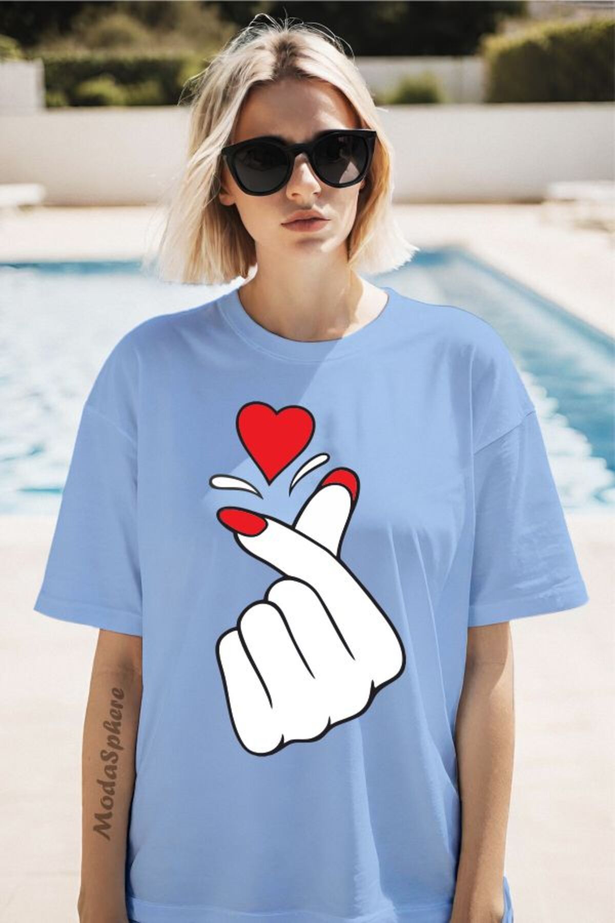 ModaSphere Parmak Kalp Baskılı Unisex Oversize Tişört