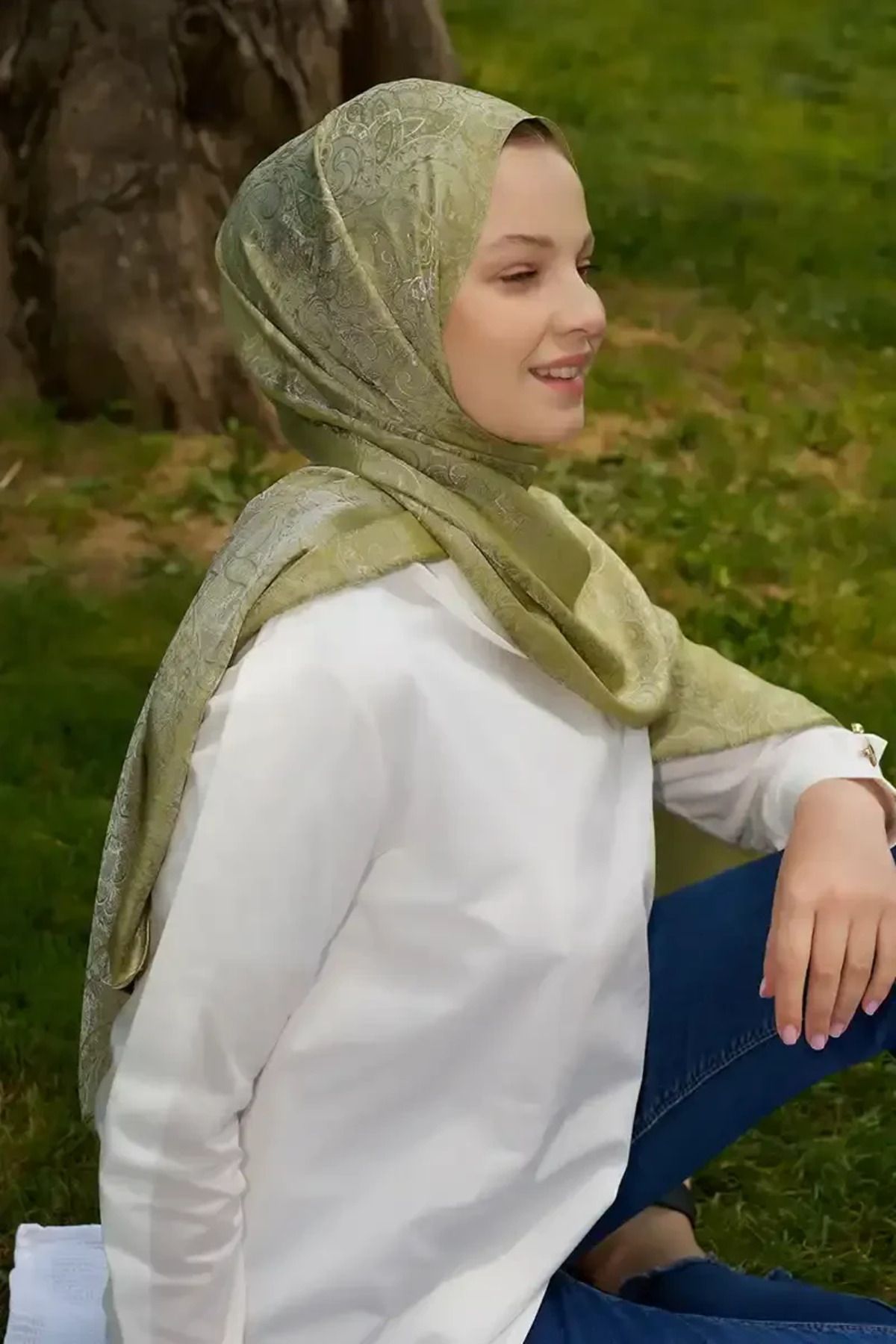 Madame Polo Elegance Etnik Desen Jakar Şal - Yağ Yeşili