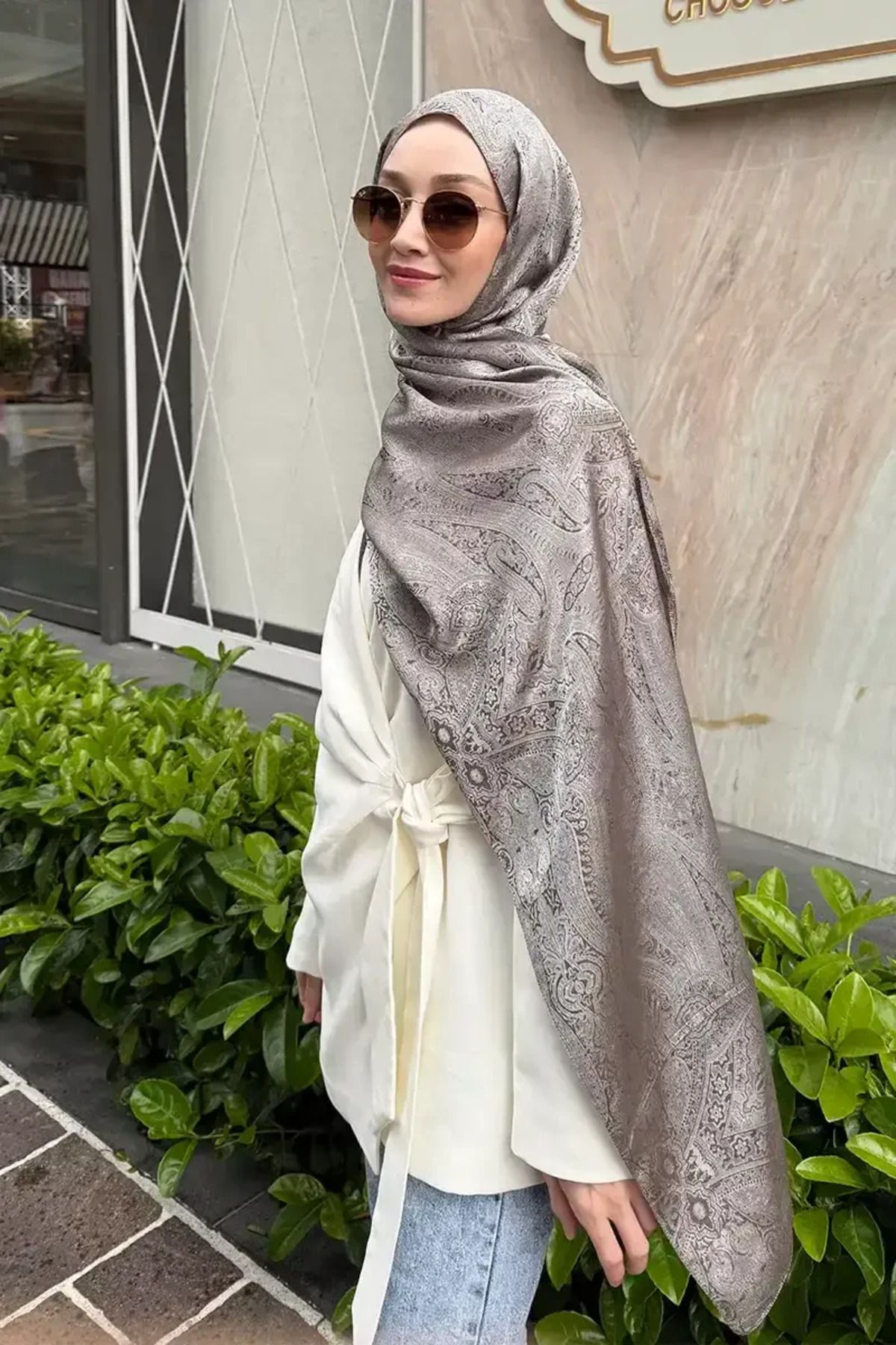 Madame Polo Elegance Silva Desen Jakar Şal - Kahverengi