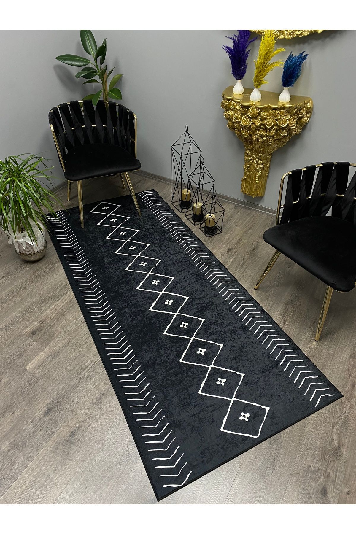 Monisso MONİSSO HALI İskandinav Siyah Kaymaz Taban, leke Tutmaz, Mutfak Halısı, Salon Halısı ve Yolluk