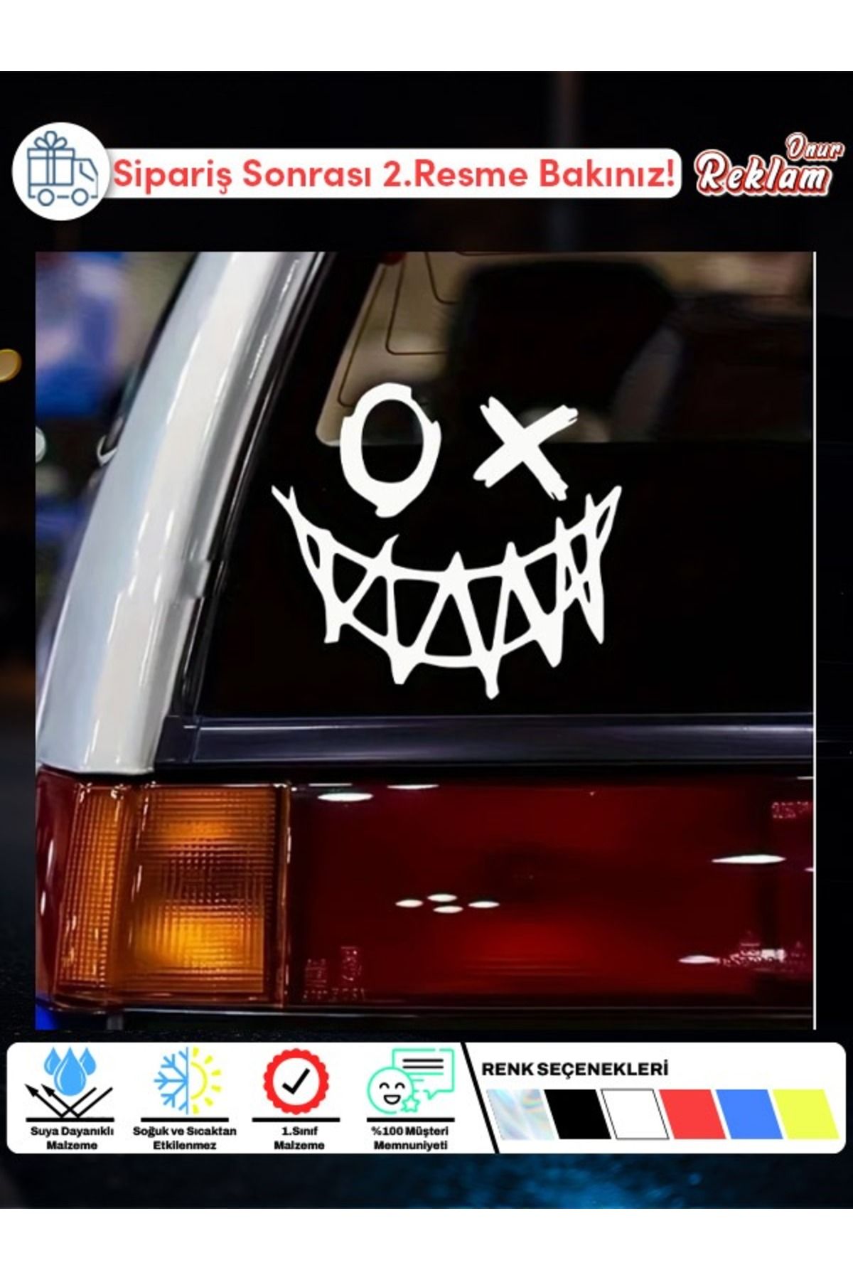 Onur Reklam Holografik Çarpı Gözlü Gülüş Sticker – Suya Dayanıklı Korku Temalı Araba Stickerı