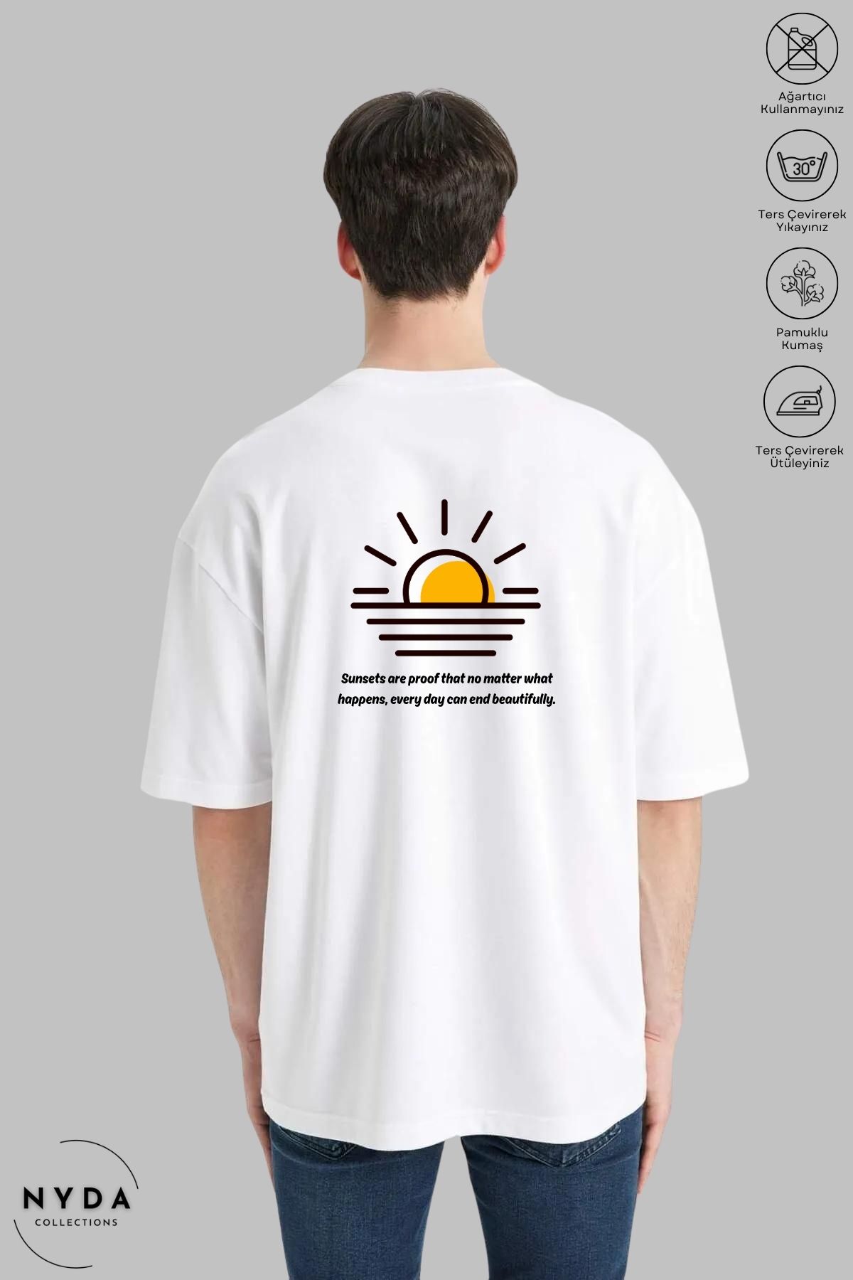 Nyda Collections Unisex Bisiklet Yaka Günbatımı Baskılı Pamuk Oversize Kısa Kollu Tişört