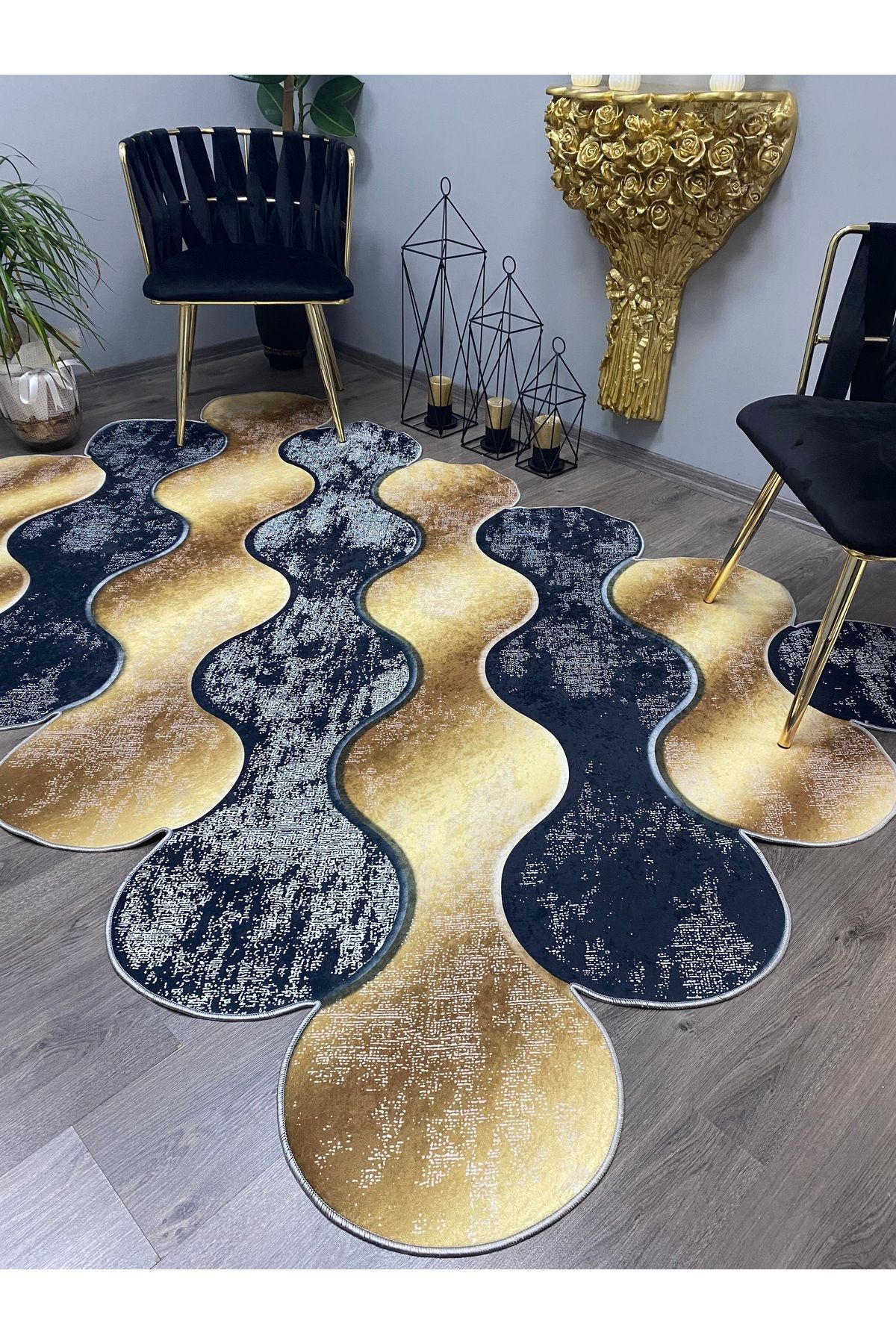 Monisso MONİSSO HALI Lazer Gold Siyah Kaymaz Taban, leke Tutmaz, Mutfak Halısı, Salon Halısı ve Yolluk