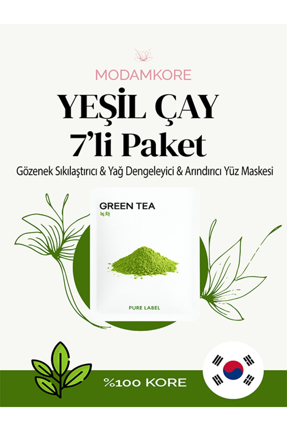 ModamKore 7'li Paket Yeşil Çay Kore Yüz Maskesi - Gözenek Sıkılaştırıcı&yağ Dengeleyici&arındırıcı