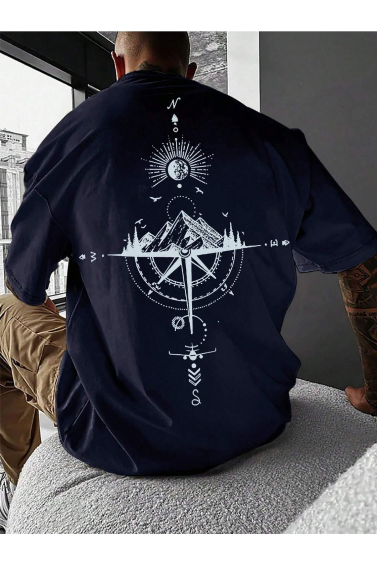 COHERENT Unisex Erkek/Kadın PUSULA Özel Baskılı Oversize Pamuklu T-Shirt