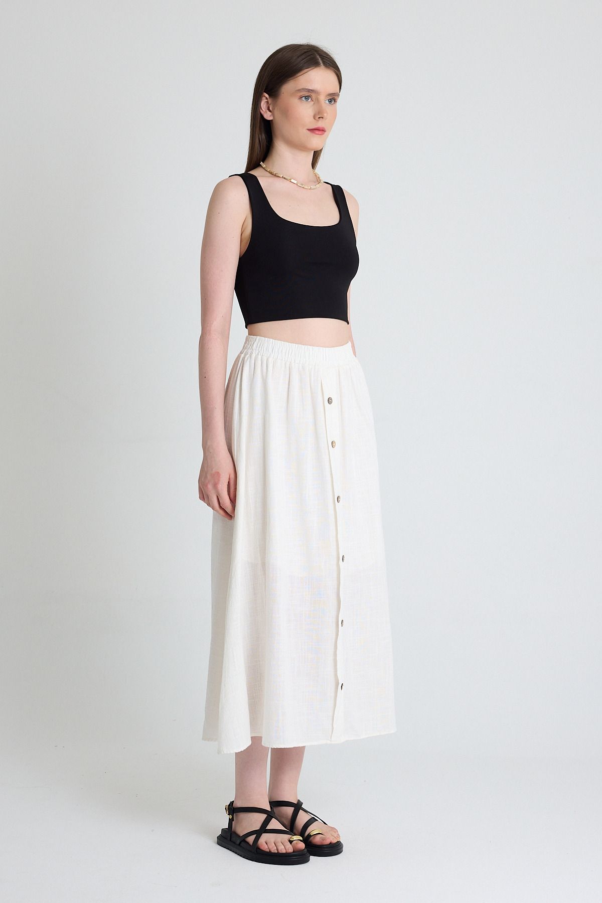 Rays-White Linen Look 100% Cotton Buttoned Midi Skirt 3419 4