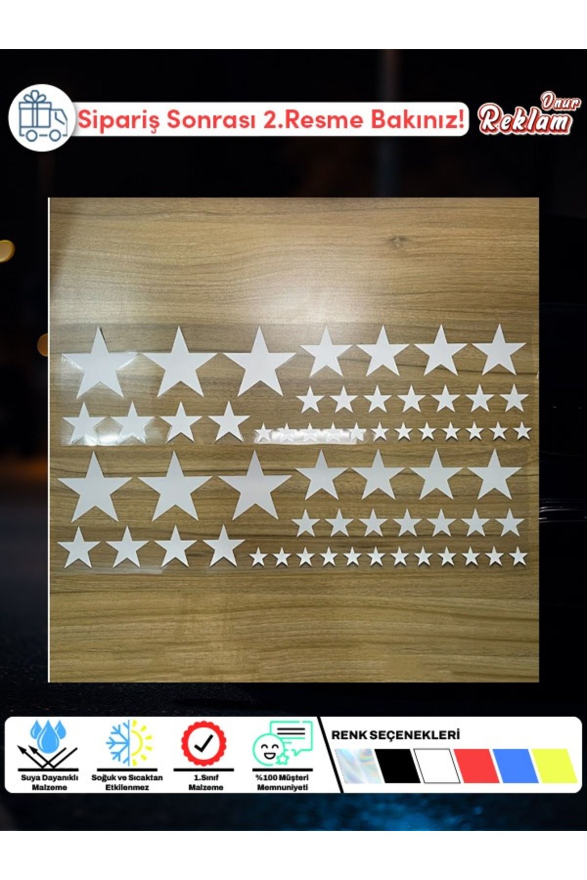 Onur Reklam Holografik Yıldız Sticker Seti – 60+ Parça | Suya Dayanıklı, Farklı Boyutlarda Parlak Tasarım