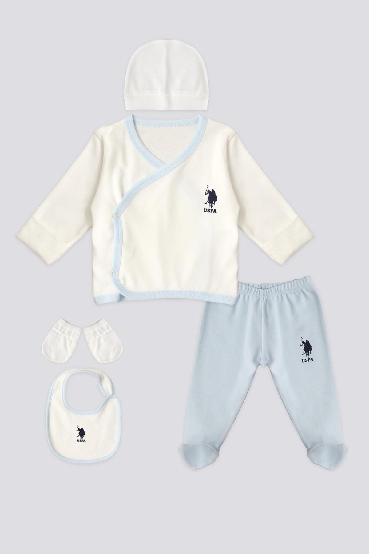 U.S. Polo Assn. . %100 Pamuklu Yenidoğan Krem Mavi Erkek Bebek 5'li Hastane Çıkışı