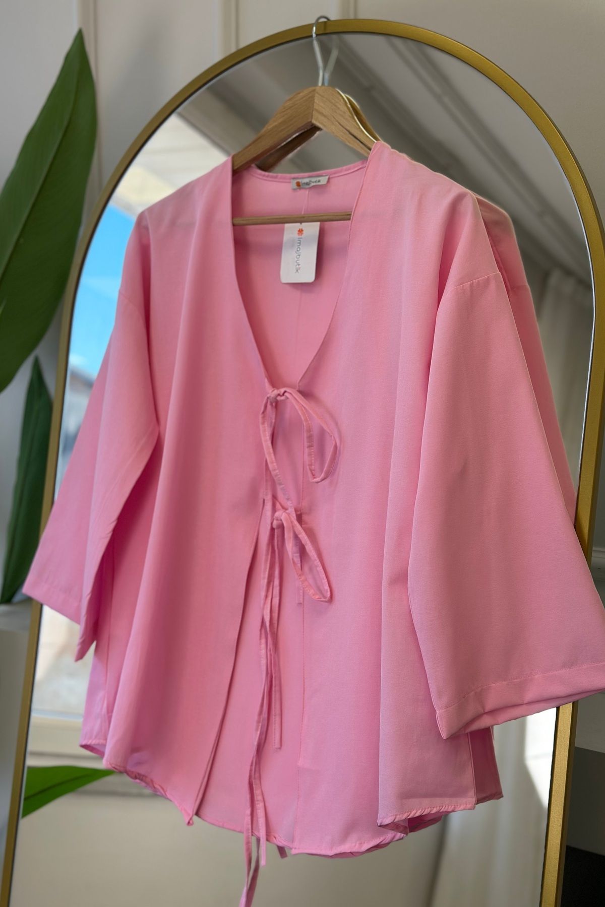 İmajButik Pembe Ön Bağlamalı Kimono Tunik