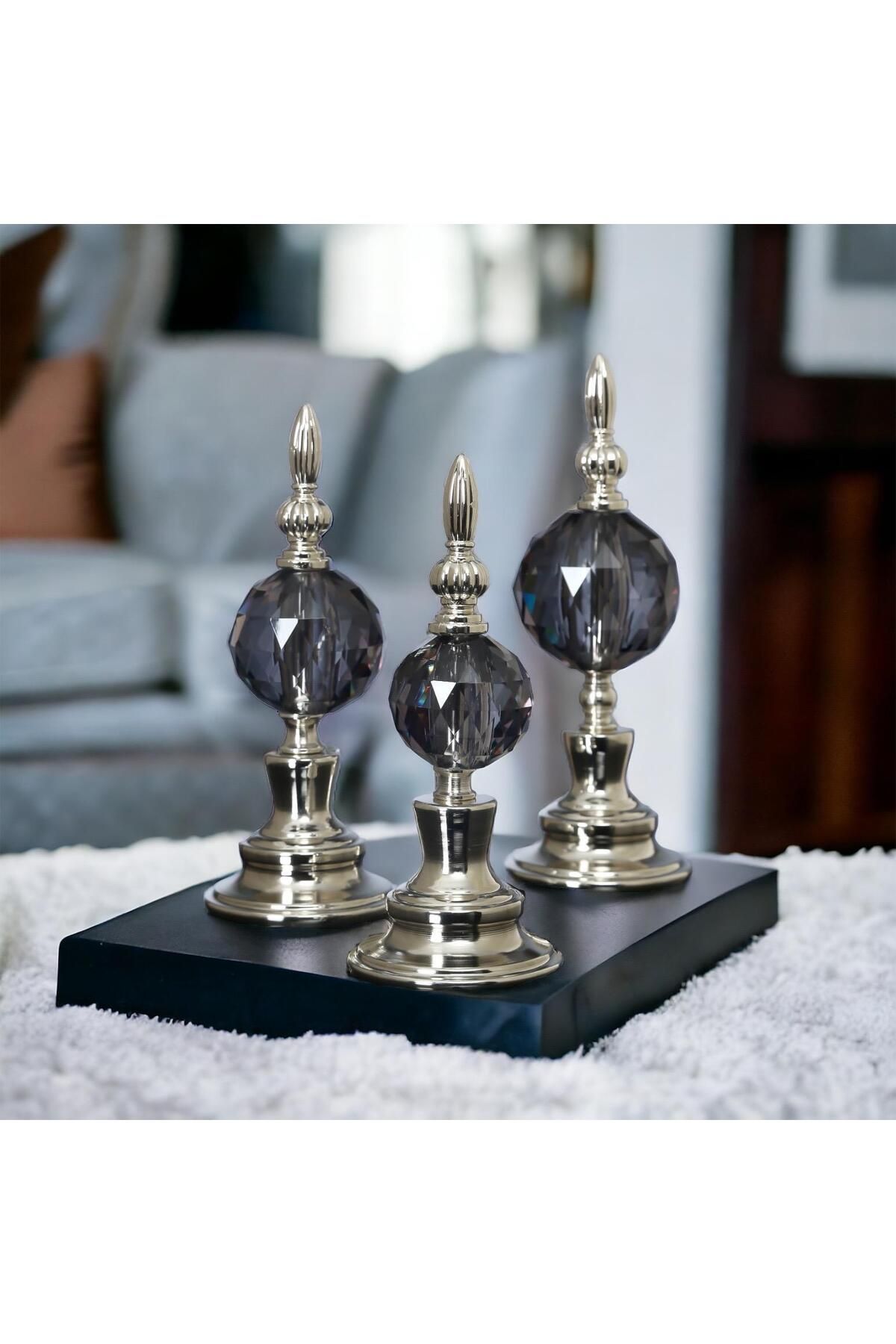 Pario Home 3'lü Dekorlu Kristal Alem Biblo Füme