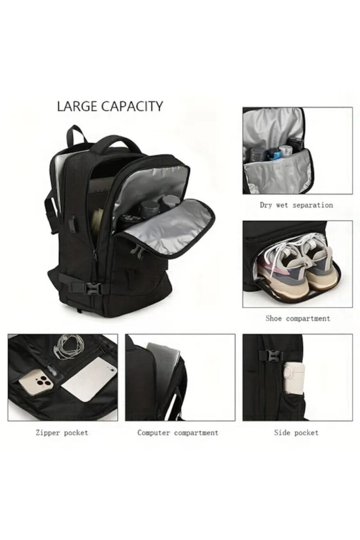 Weixier-Rucsac Calatorie Avion, 40x30x20 cm, Acceptat de WizzAir, Mutiple compartimente, Business, Negru 2