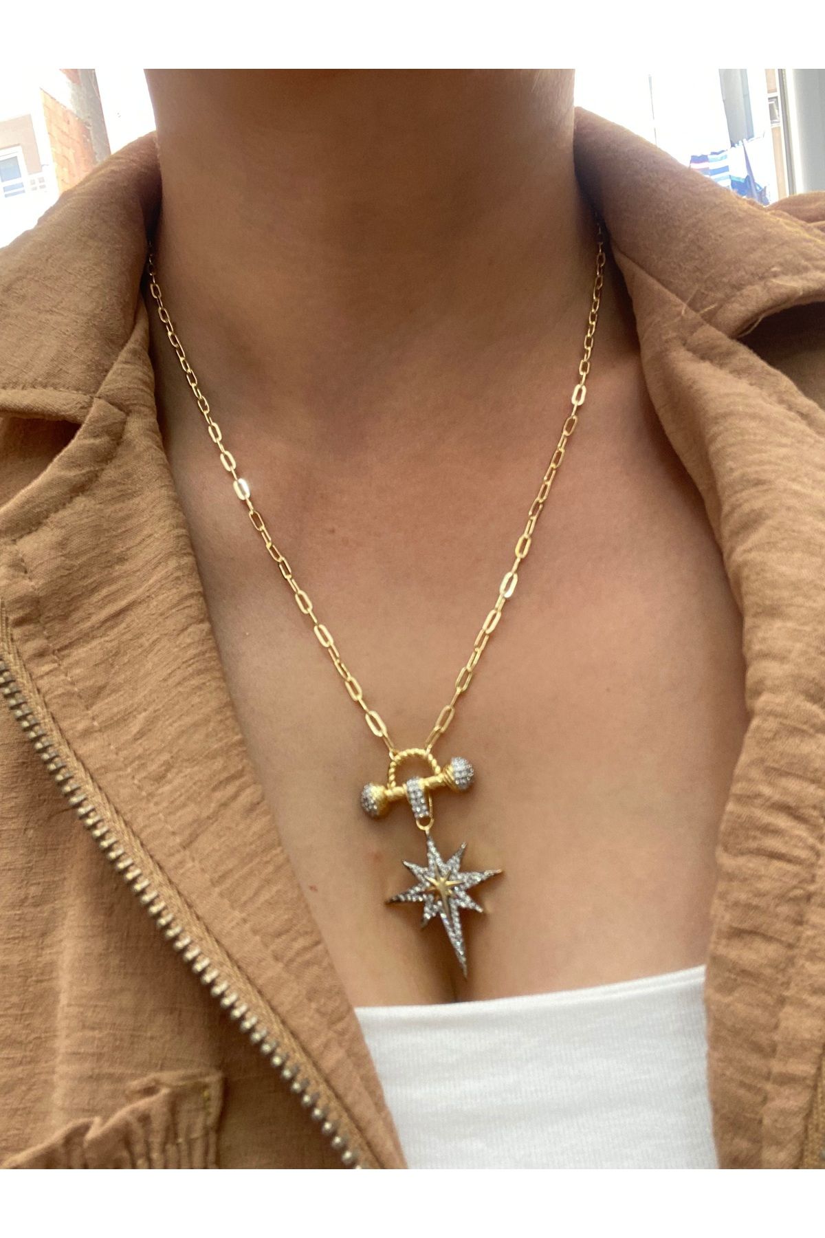 Byoz store Kuzey yıldızlı gümüş taşlı gold zincir xuping kolye