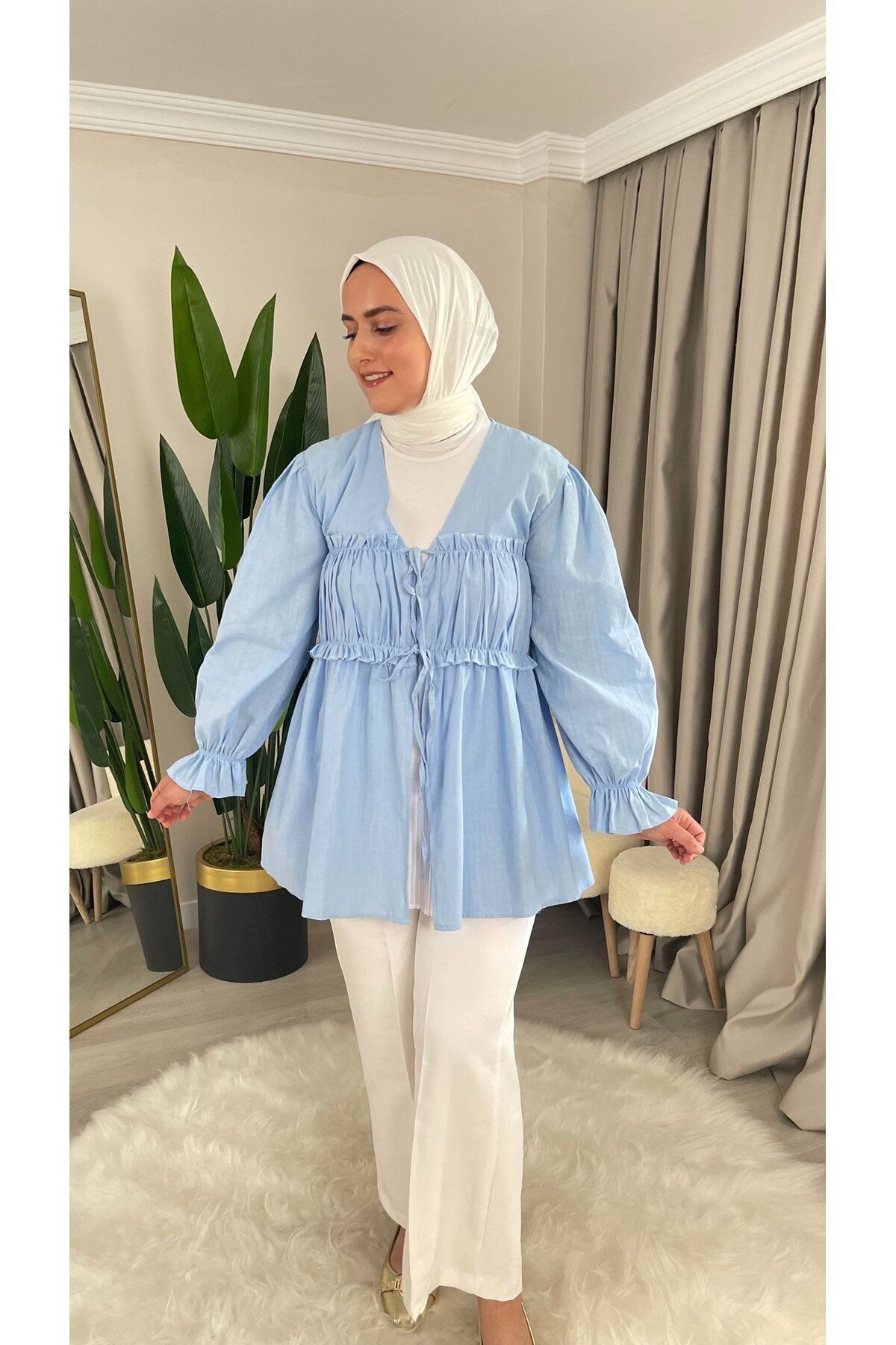 DEMET HERA Büzgülü - İp Bağlama Detaylı Keten Kumaş Kimono Gömlek