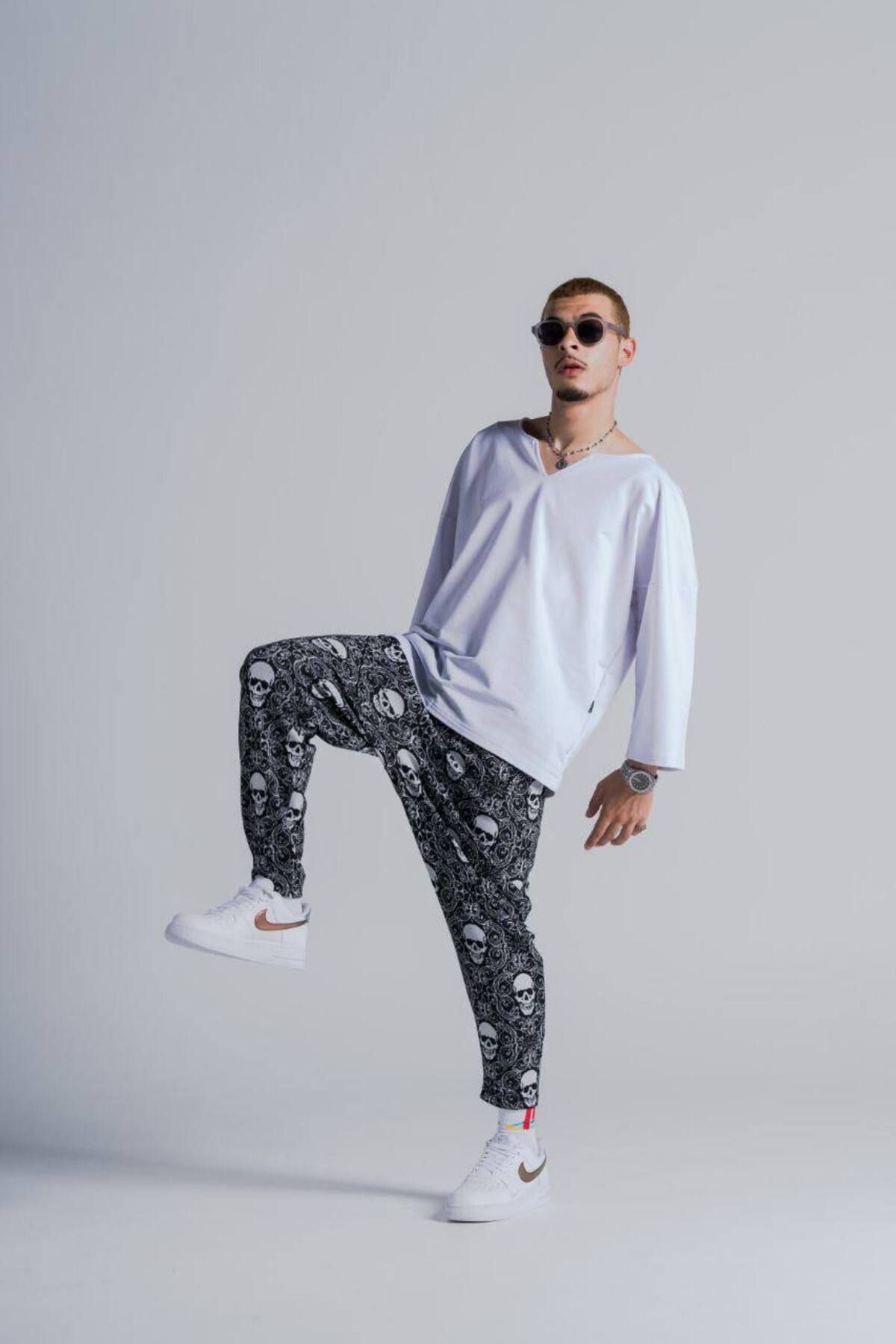 SUPERBLUE-Men's Patterned Black Baggy Trousers with Elastic Waist 3