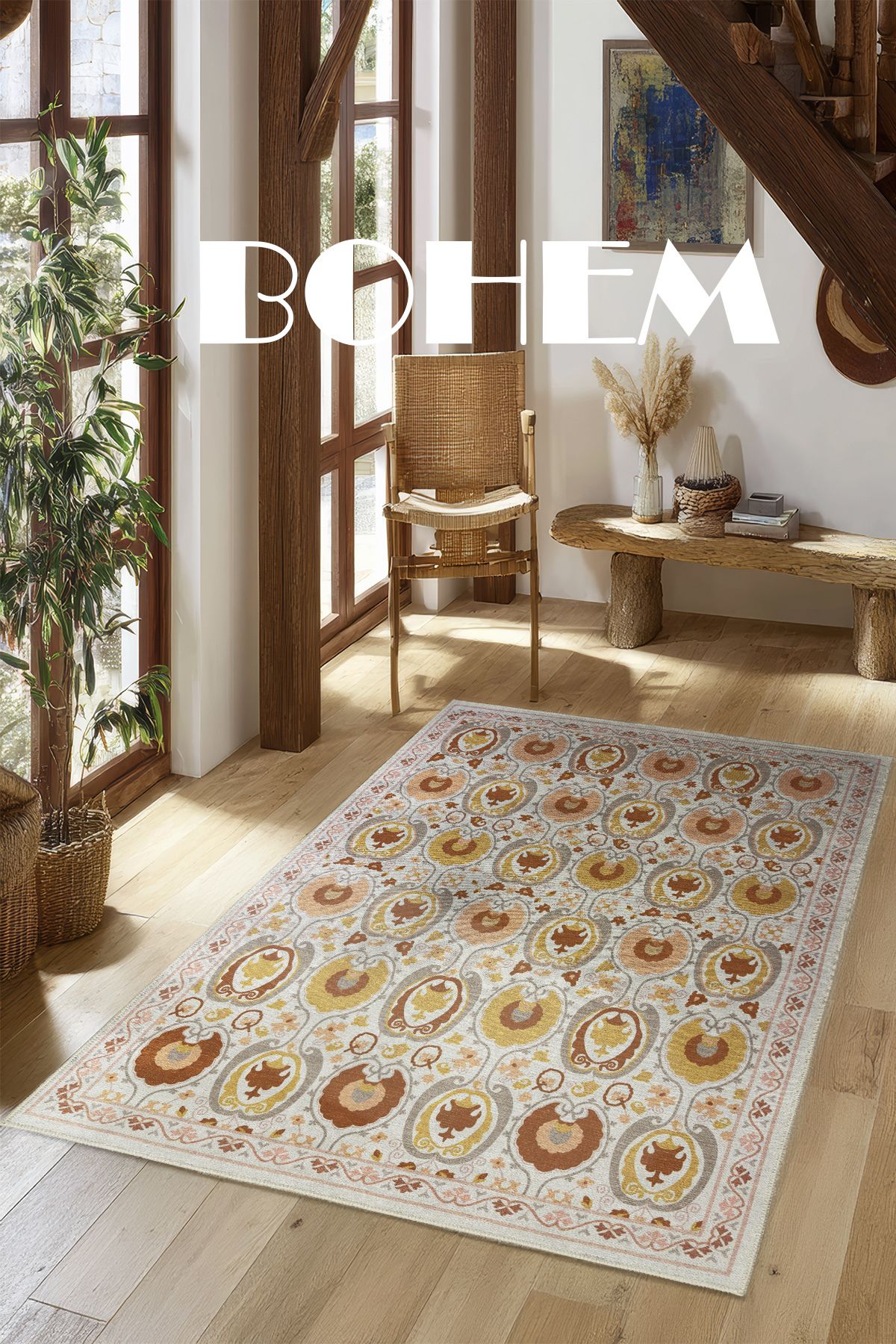 kilim home Turuncu Sarı ve Krem Tonları Etnik Desenli Otantik Dokuma Şönil Yıkanabilir Salon Halısı Mars287